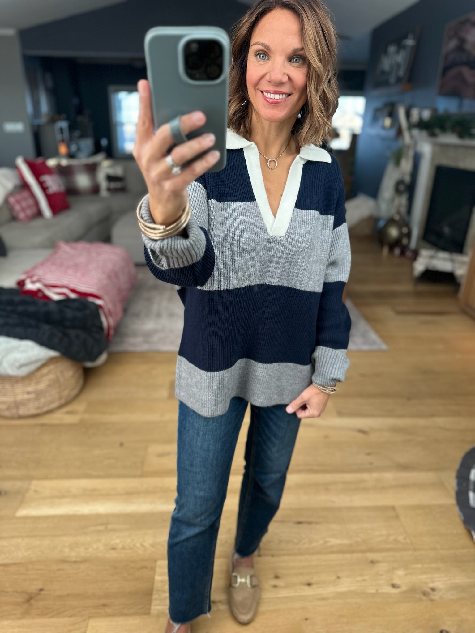 Coming Through Ribbed Sweater - Navy/Grey-Sweaters-Dress Forum-Anna Kaytes Boutique, Women's Fashion Boutique in Grinnell, Iowa