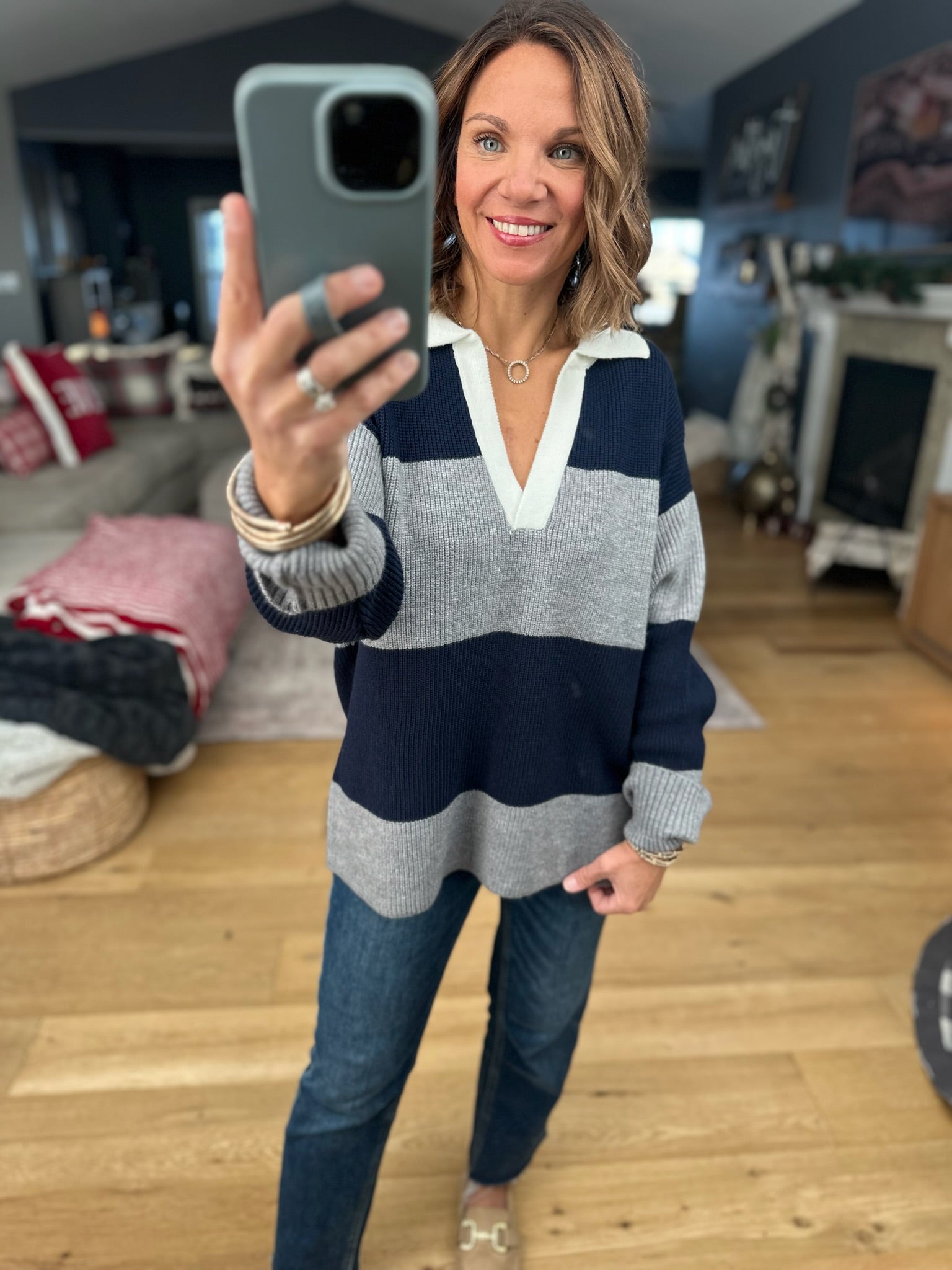Coming Through Ribbed Sweater - Navy/Grey-Sweaters-Dress Forum-Anna Kaytes Boutique, Women's Fashion Boutique in Grinnell, Iowa