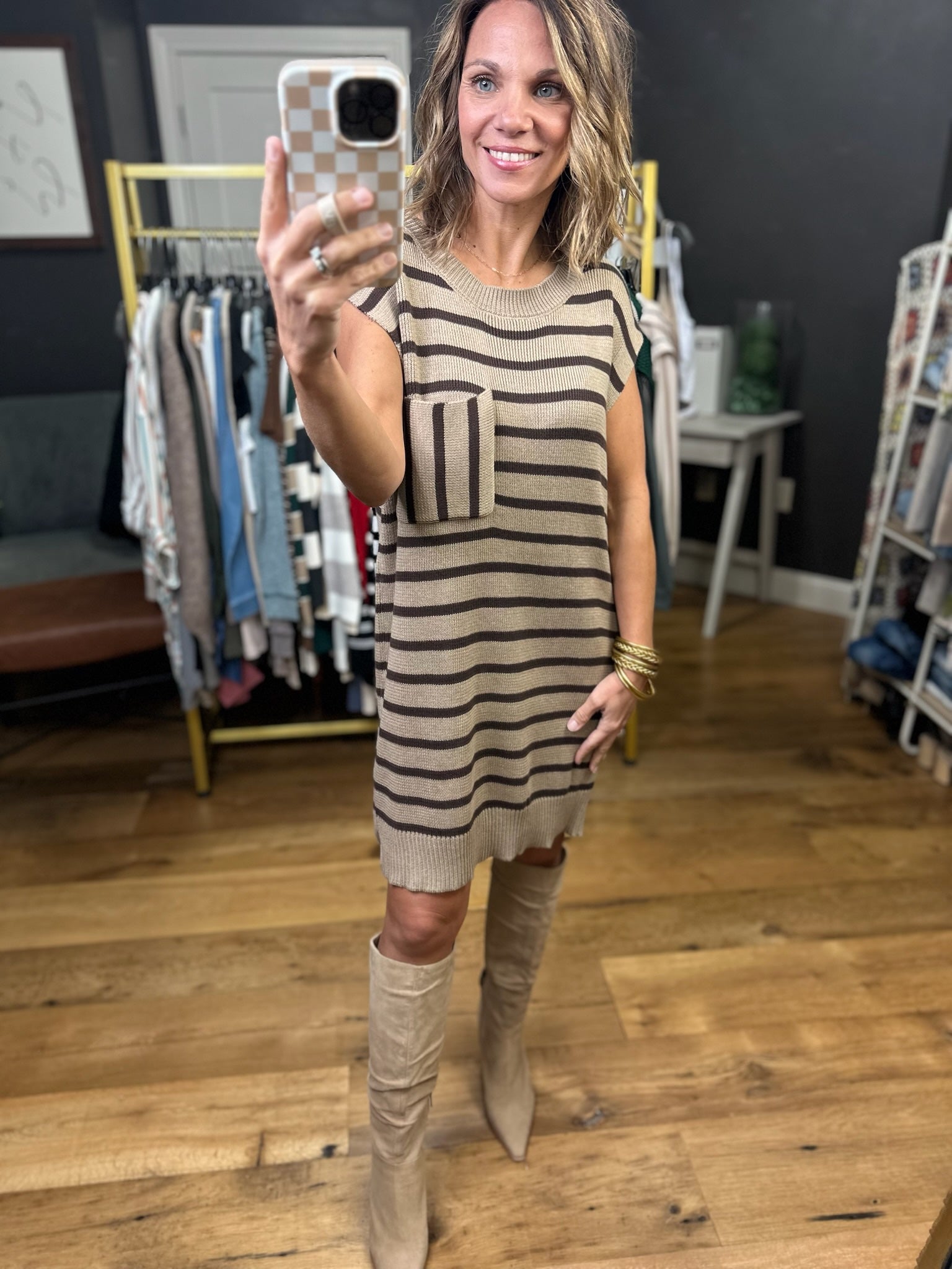 All Possibilities Striped Short Sleeve Sweater Dress - Taupe-Entro-Anna Kaytes Boutique, Women's Fashion Boutique in Grinnell, Iowa