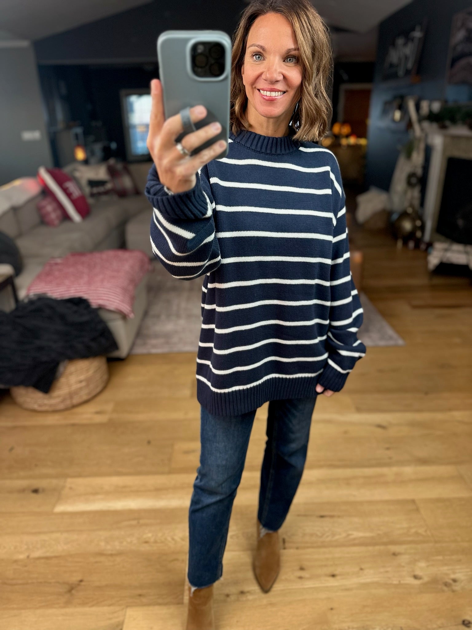 In The Right Place Striped Sweater - Navy-Sweaters-Wishlist-Anna Kaytes Boutique, Women's Fashion Boutique in Grinnell, Iowa