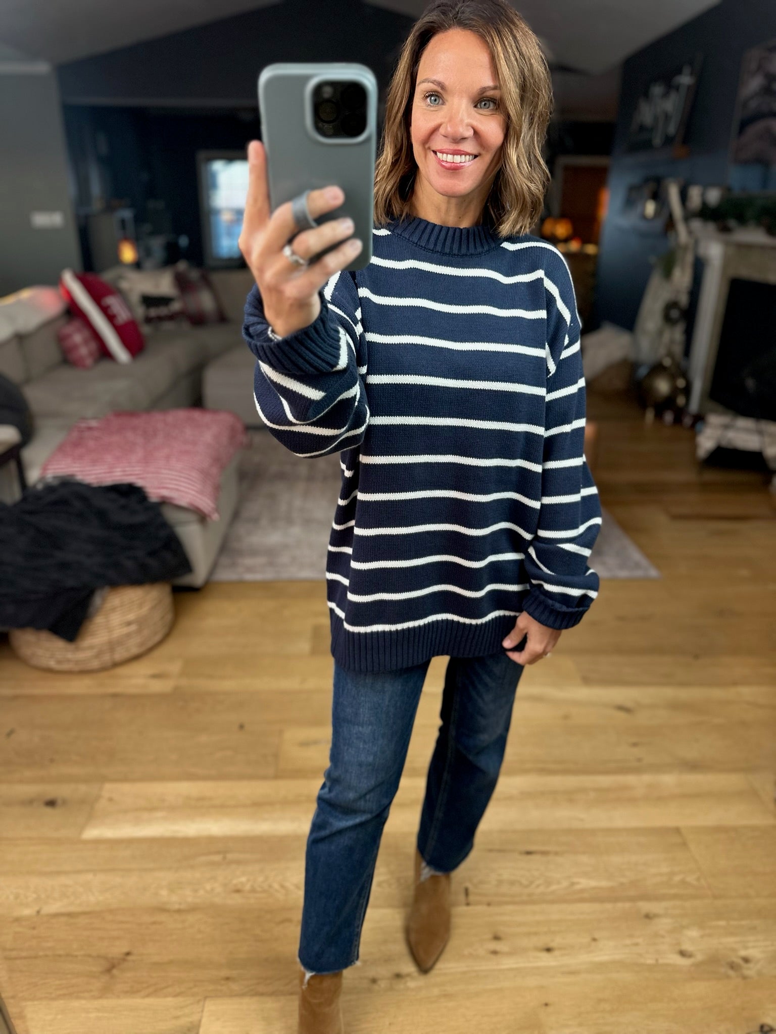 In The Right Place Striped Sweater - Navy-Sweaters-Wishlist-Anna Kaytes Boutique, Women's Fashion Boutique in Grinnell, Iowa