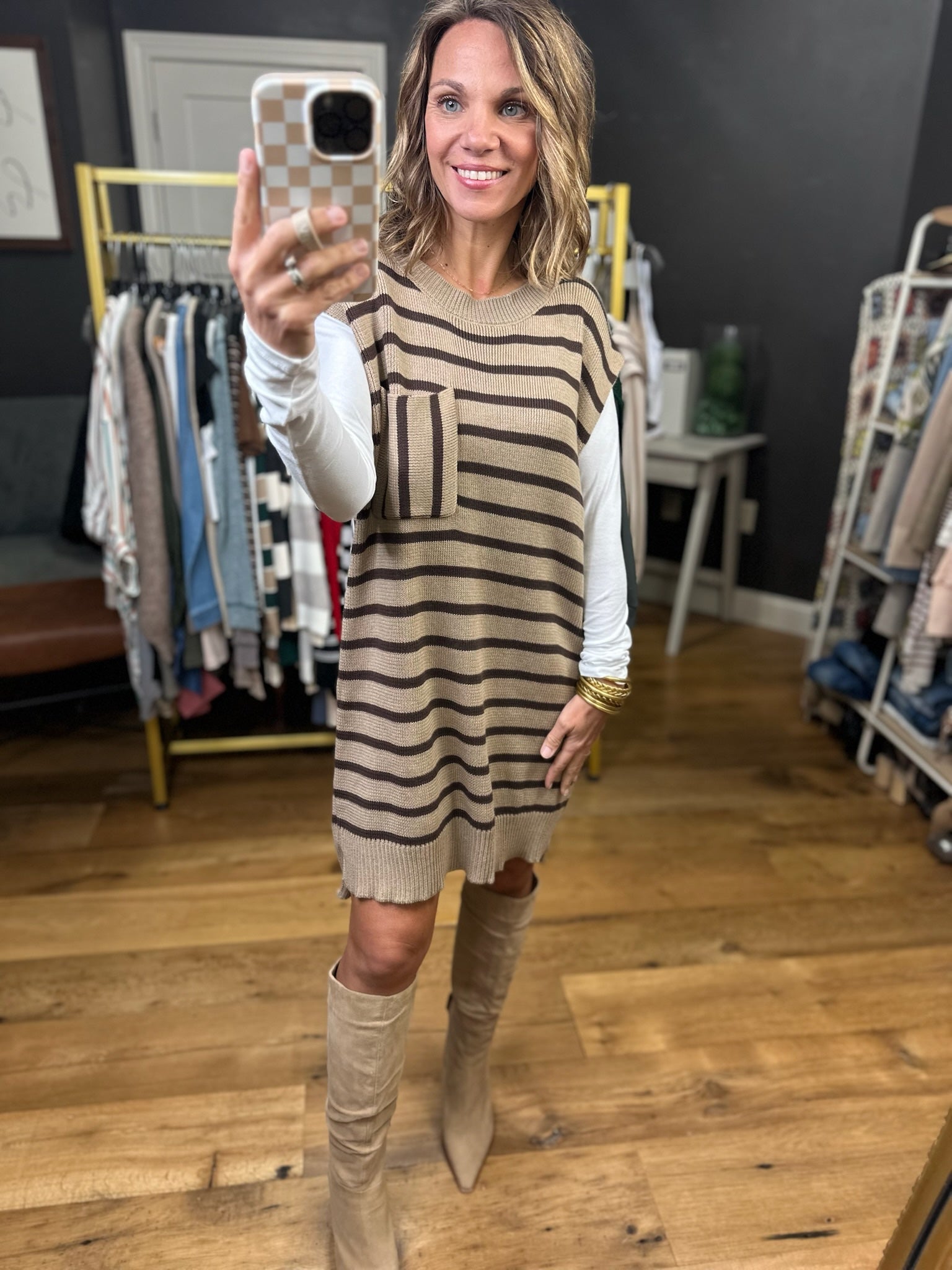 All Possibilities Striped Short Sleeve Sweater Dress - Taupe-Entro-Anna Kaytes Boutique, Women's Fashion Boutique in Grinnell, Iowa