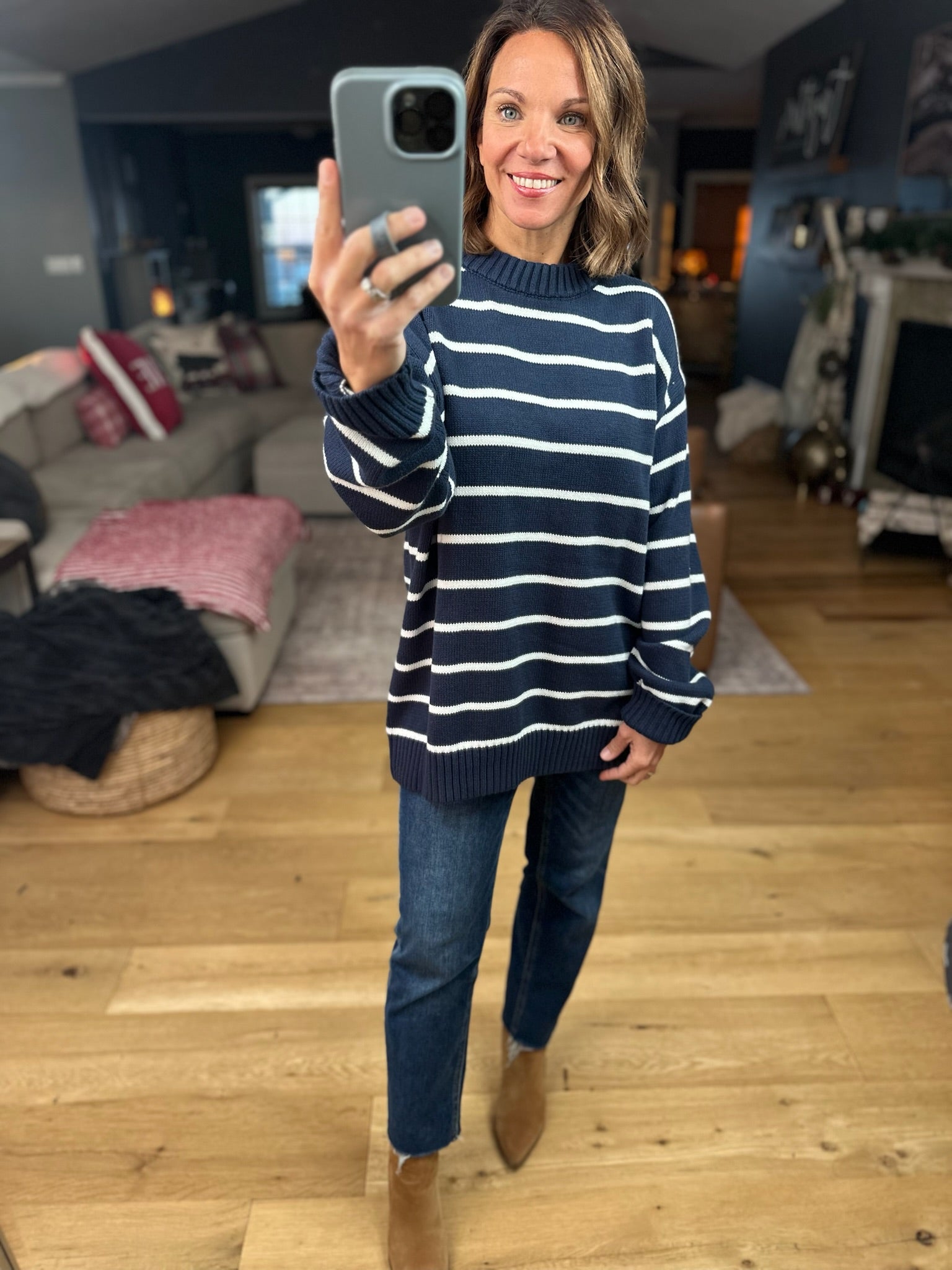 In The Right Place Striped Sweater - Navy-Sweaters-Wishlist-Anna Kaytes Boutique, Women's Fashion Boutique in Grinnell, Iowa