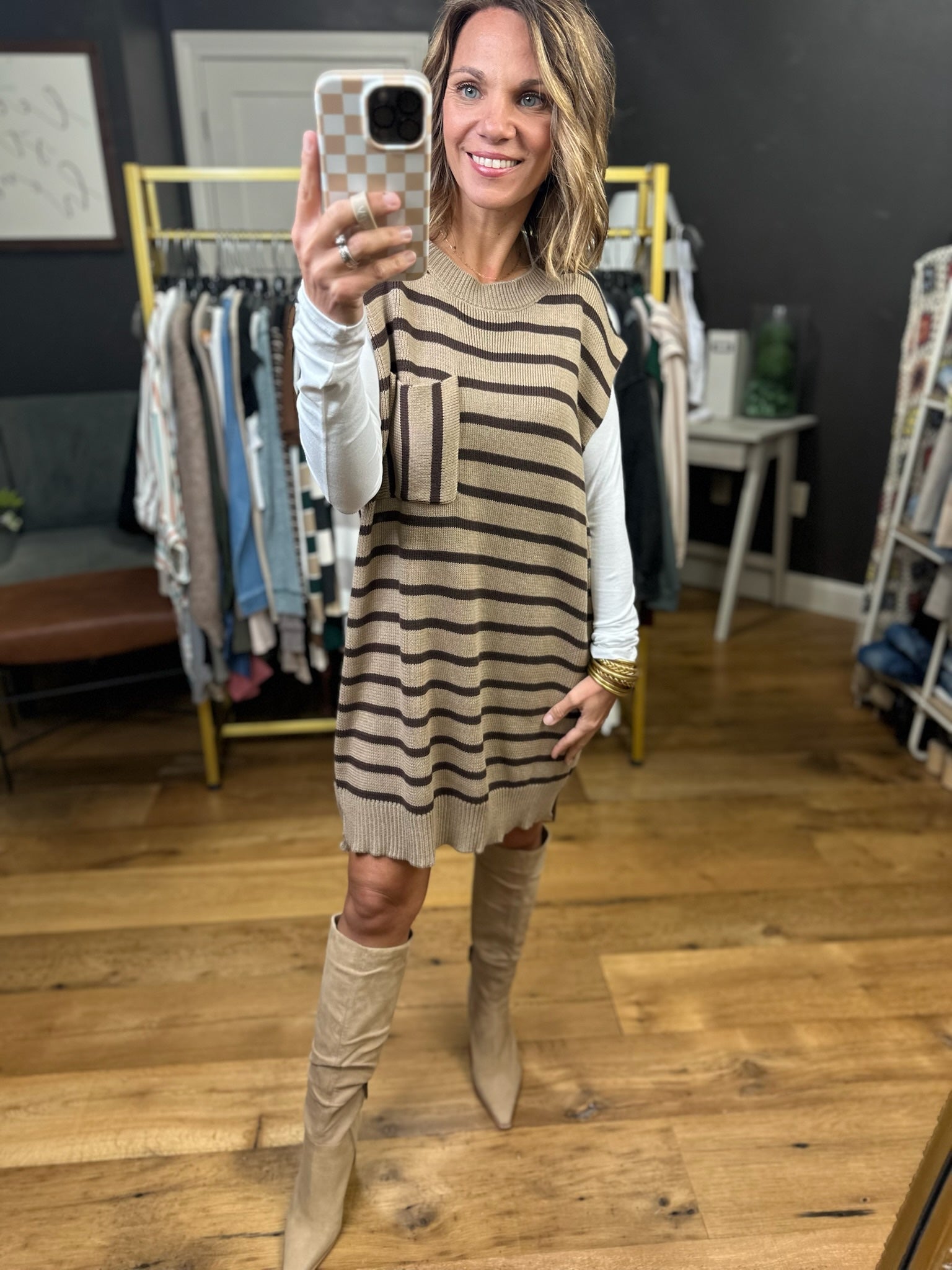 All Possibilities Striped Short Sleeve Sweater Dress - Taupe-Entro-Anna Kaytes Boutique, Women's Fashion Boutique in Grinnell, Iowa