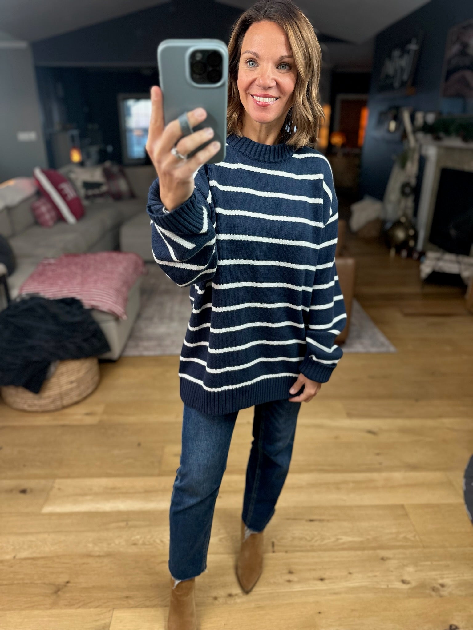 In The Right Place Striped Sweater - Navy-Sweaters-Wishlist-Anna Kaytes Boutique, Women's Fashion Boutique in Grinnell, Iowa