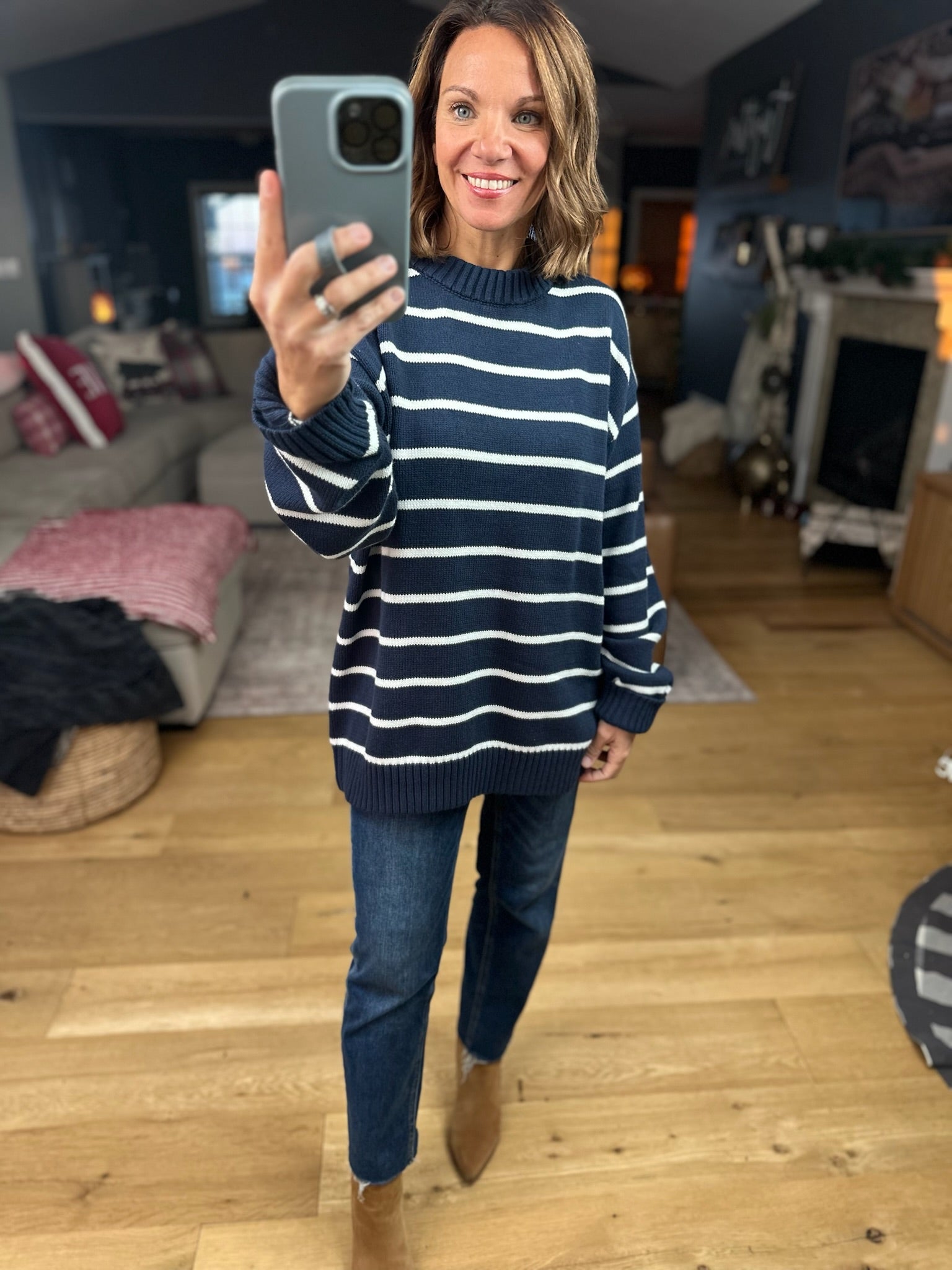 In The Right Place Striped Sweater - Navy-Sweaters-Wishlist-Anna Kaytes Boutique, Women's Fashion Boutique in Grinnell, Iowa