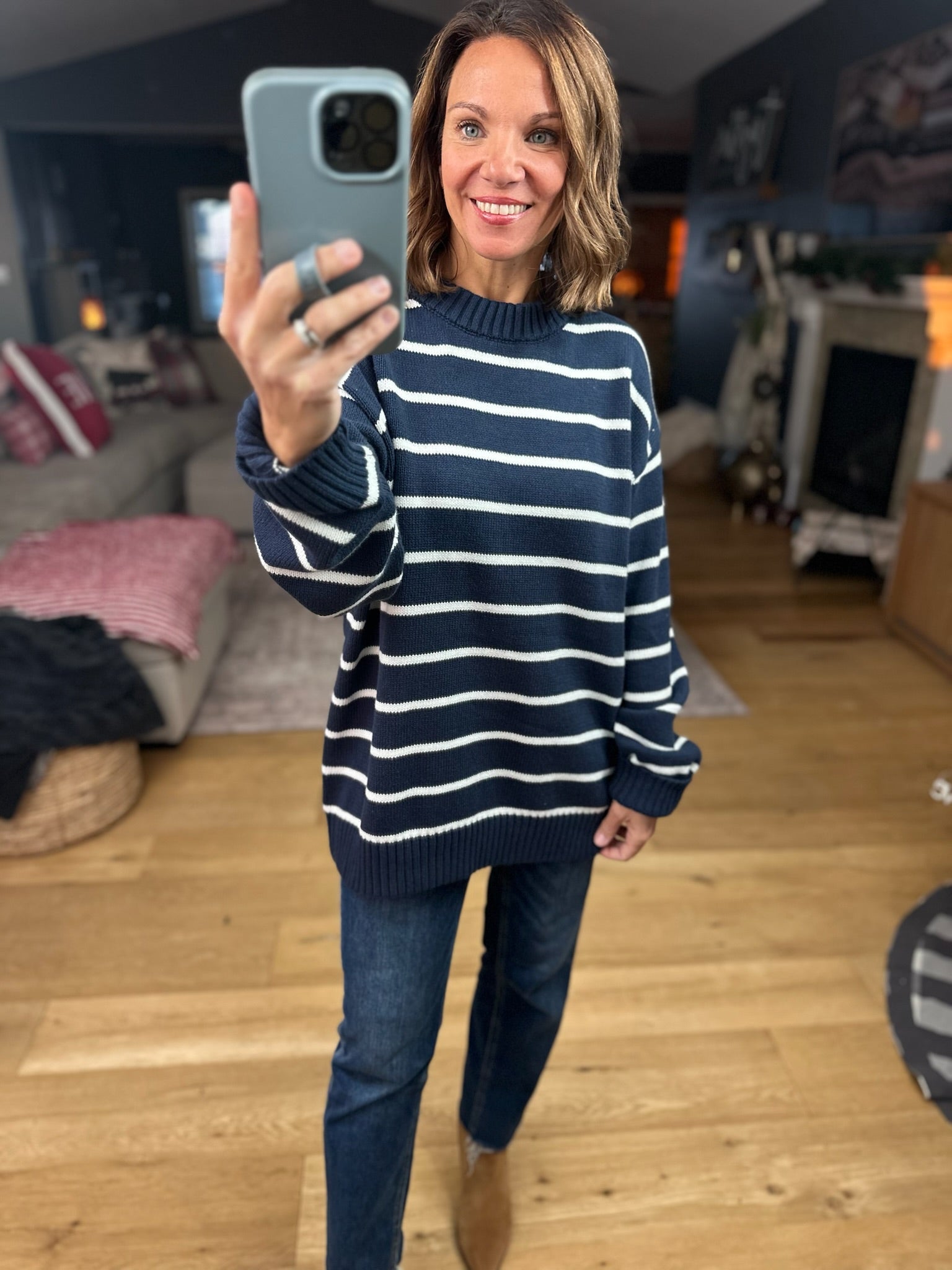 In The Right Place Striped Sweater - Navy-Sweaters-Wishlist-Anna Kaytes Boutique, Women's Fashion Boutique in Grinnell, Iowa