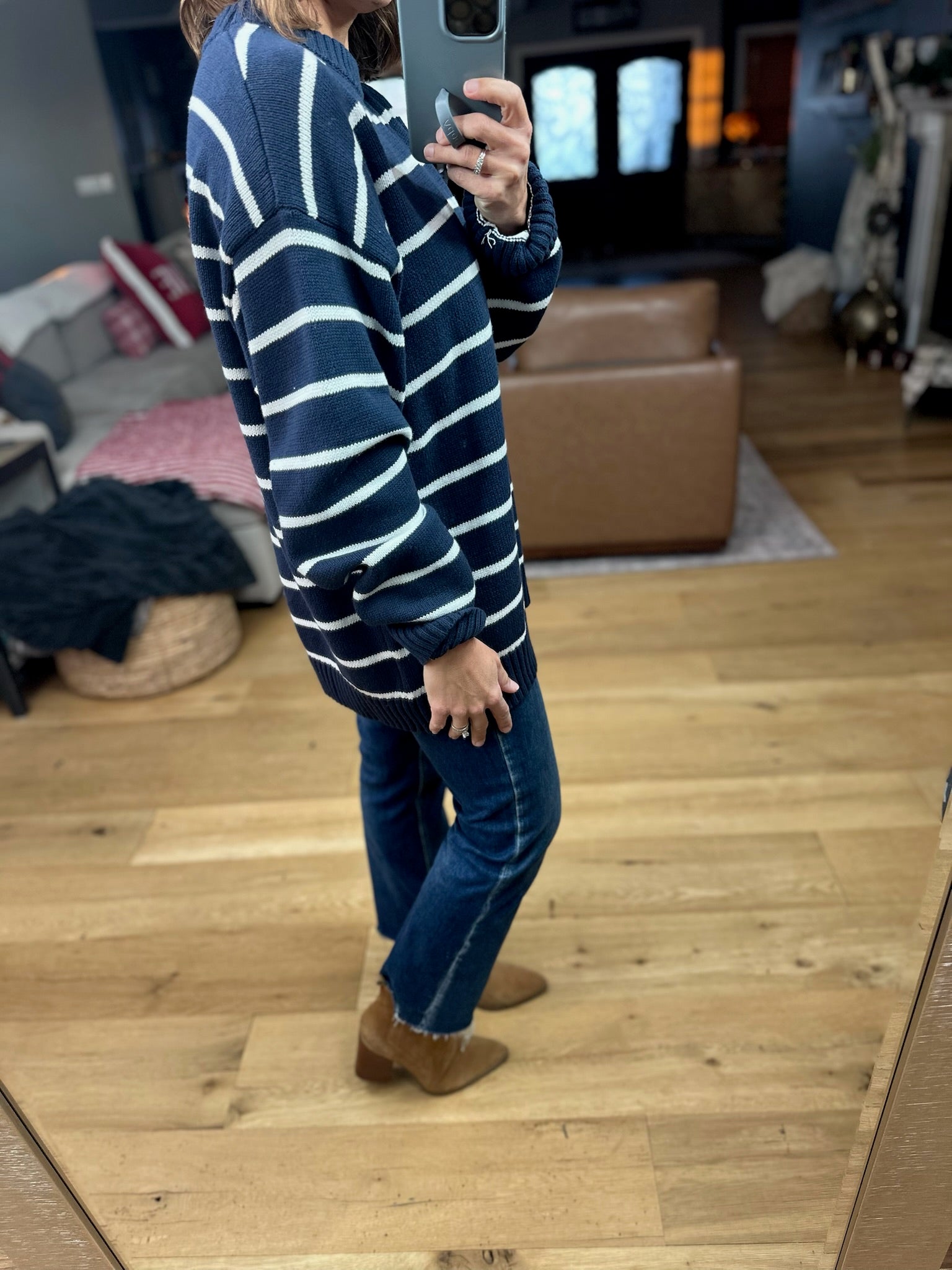 In The Right Place Striped Sweater - Navy-Sweaters-Wishlist-Anna Kaytes Boutique, Women's Fashion Boutique in Grinnell, Iowa