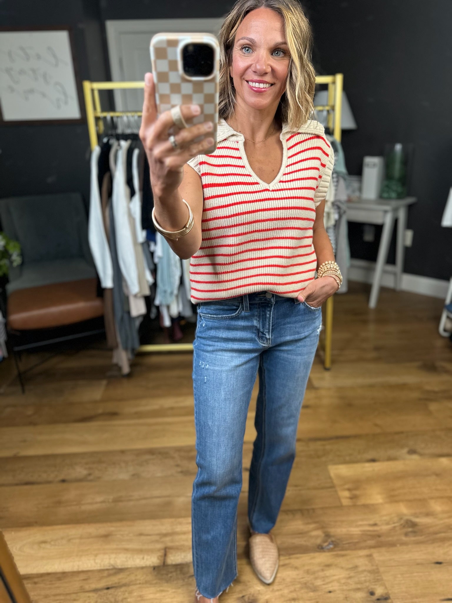 This Opportunity Collared Knit - Taupe/Red-Wishlist-Anna Kaytes Boutique, Women's Fashion Boutique in Grinnell, Iowa