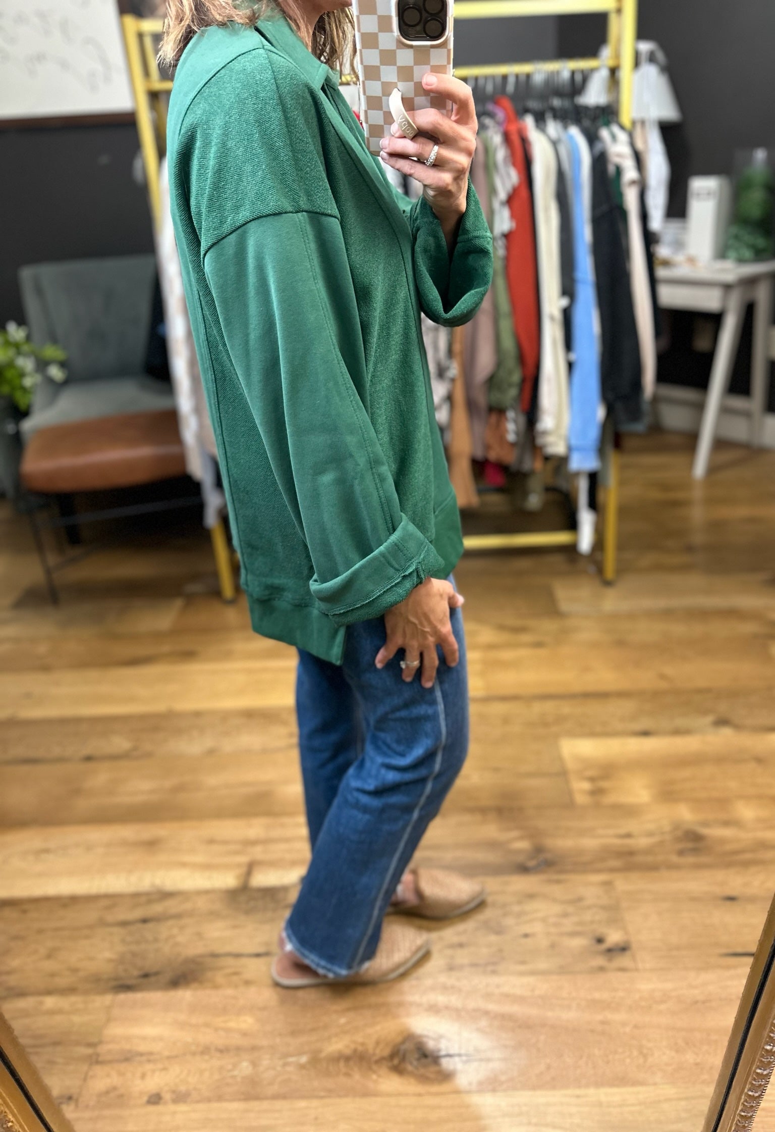 Going For It V-Neck Collared Pullover - Hunter Green-Entro-Anna Kaytes Boutique, Women's Fashion Boutique in Grinnell, Iowa