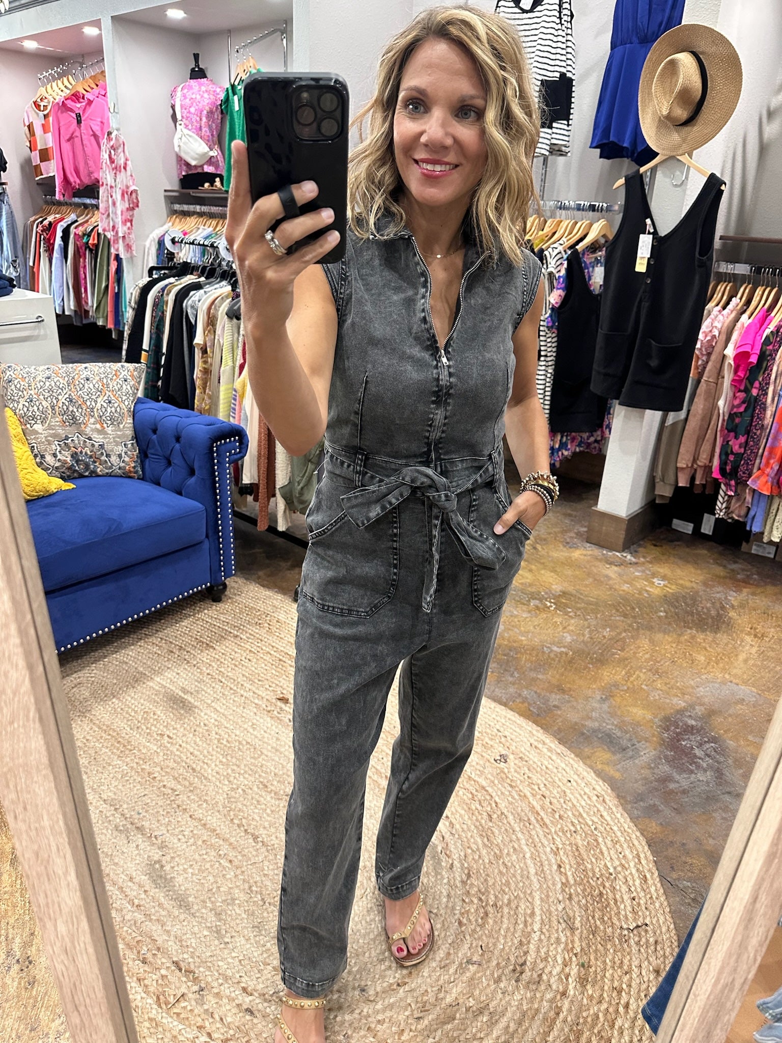 Drive Down Main Cap-Sleeve Washed Jumpsuit - Black-Skies Are Blue-Anna Kaytes Boutique, Women's Fashion Boutique in Grinnell, Iowa