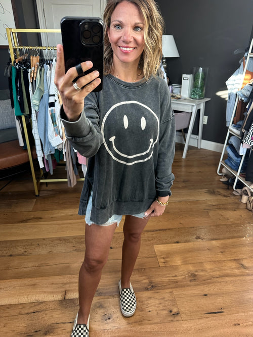 All Smiles Washed Smiley Face Crew - Black-Easel-Anna Kaytes Boutique, Women's Fashion Boutique in Grinnell, Iowa