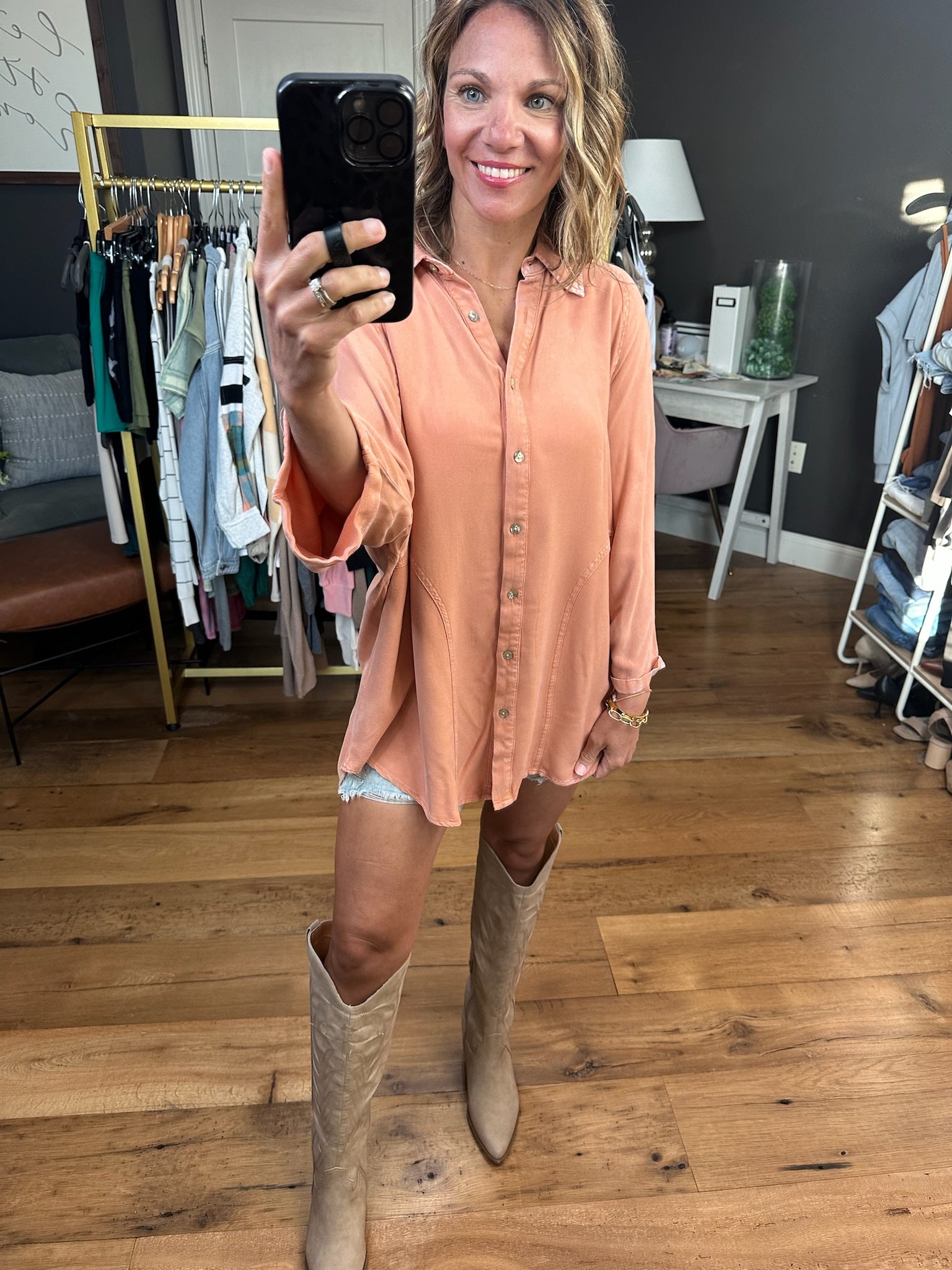Not Your Boyfriend's Button-Down Top - Chai Tea-Long Sleeves-Easel-Anna Kaytes Boutique, Women's Fashion Boutique in Grinnell, Iowa