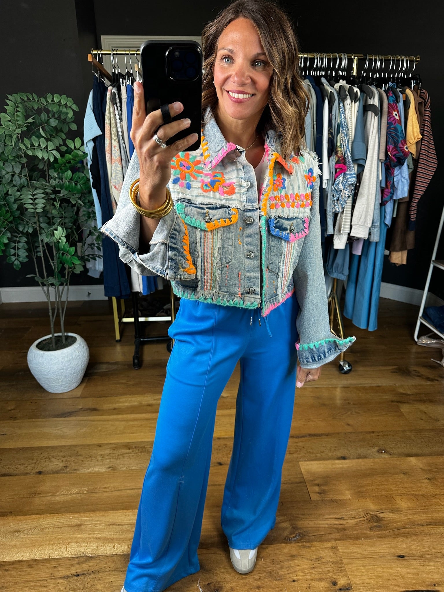 Finding Fun Embroidered Denim Jacket-Jackets-POL-Anna Kaytes Boutique, Women's Fashion Boutique in Grinnell, Iowa