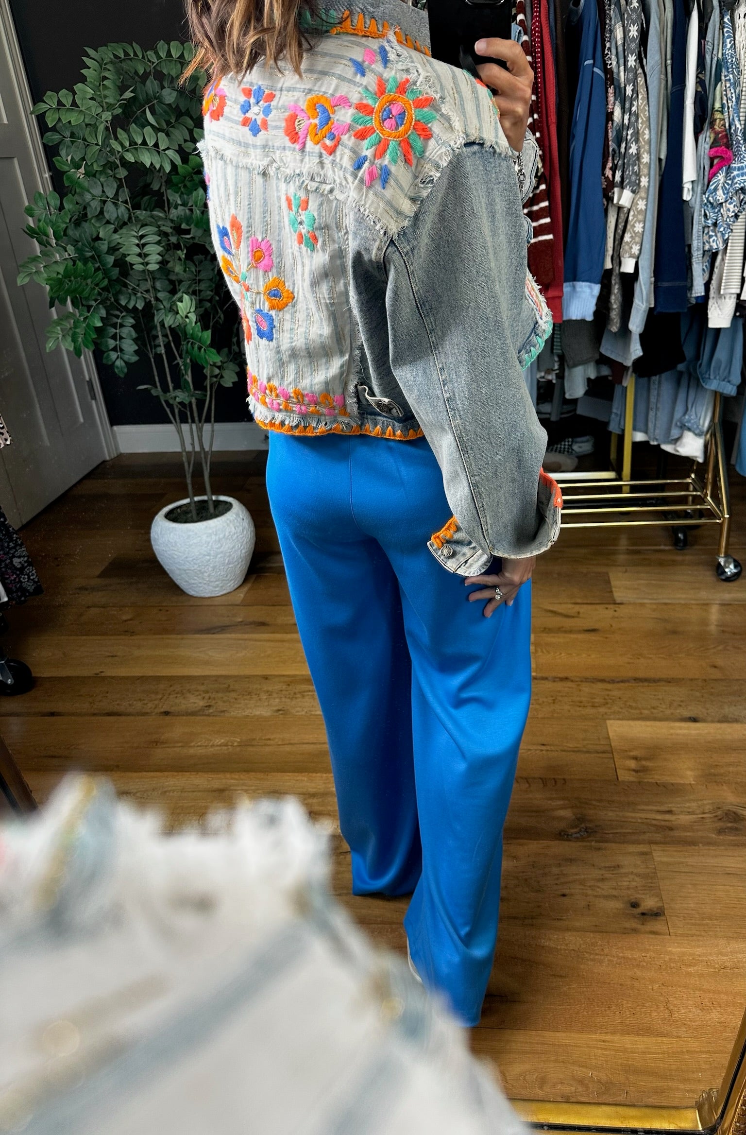 Finding Fun Embroidered Denim Jacket-Jackets-POL-Anna Kaytes Boutique, Women's Fashion Boutique in Grinnell, Iowa