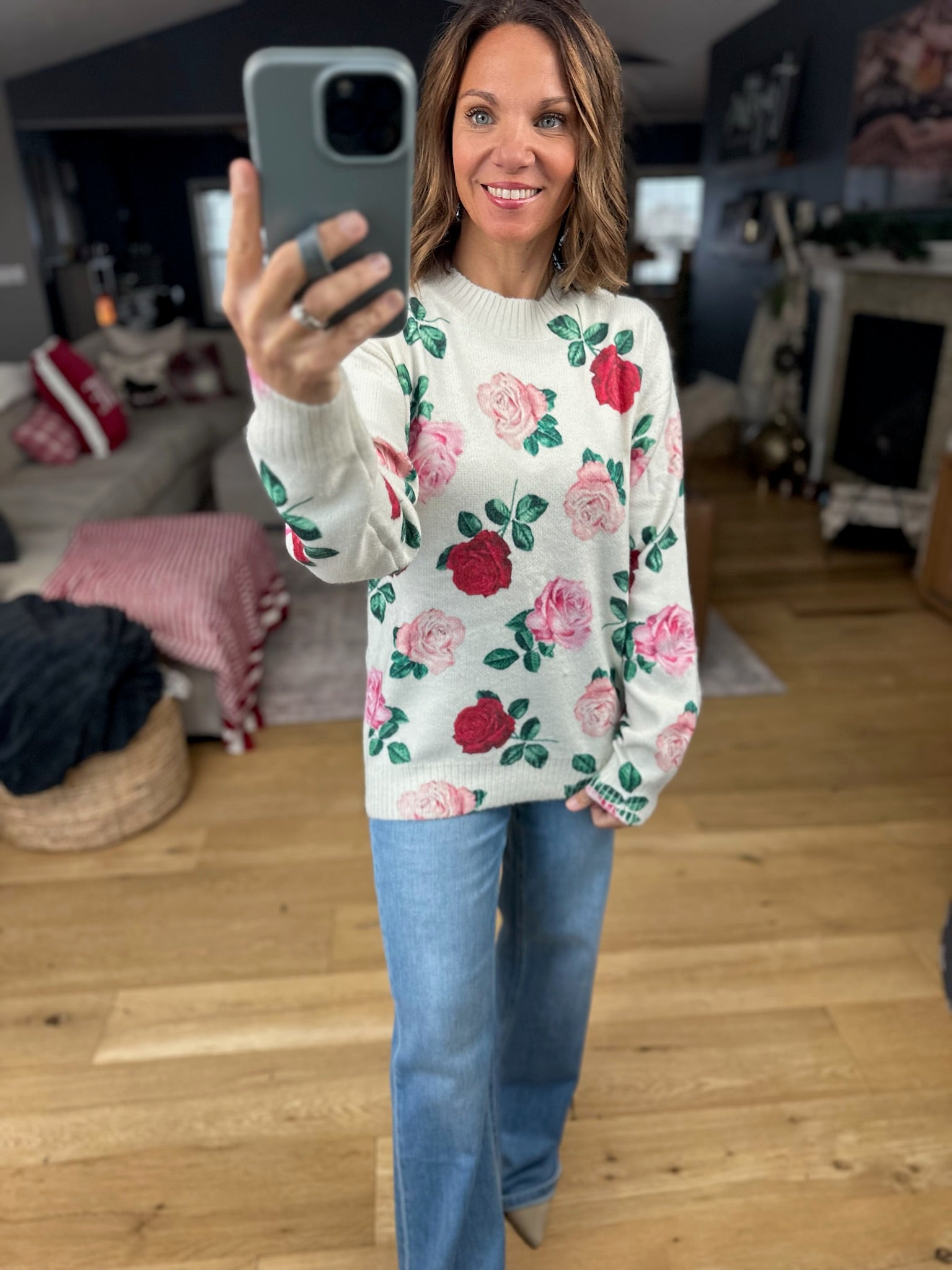 Kissed By A Rose Patterned Sweater-Sweaters-Vine & Love-Anna Kaytes Boutique, Women's Fashion Boutique in Grinnell, Iowa