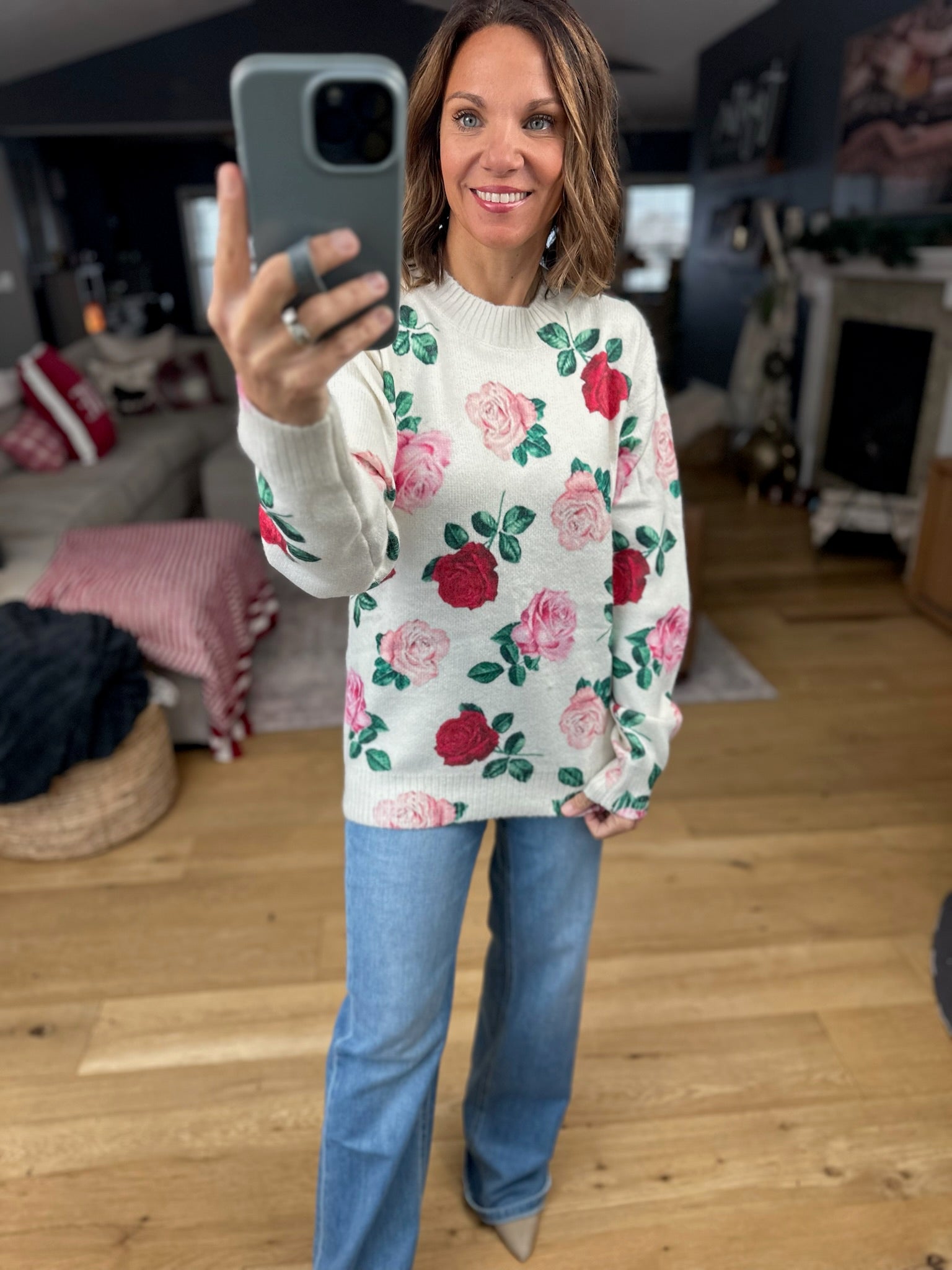 Kissed By A Rose Patterned Sweater-Sweaters-Vine & Love-Anna Kaytes Boutique, Women's Fashion Boutique in Grinnell, Iowa