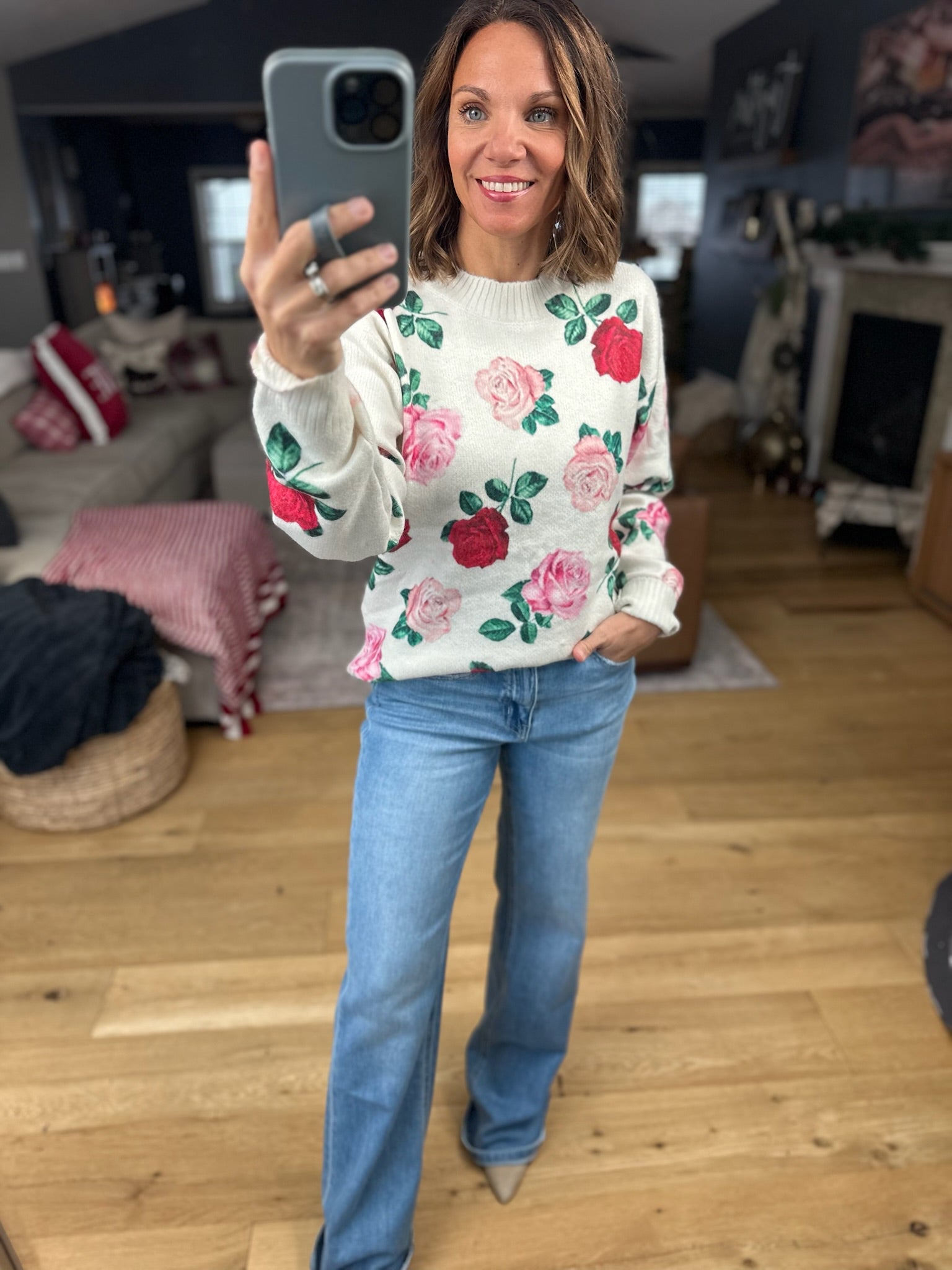 Kissed By A Rose Patterned Sweater-Sweaters-Vine & Love-Anna Kaytes Boutique, Women's Fashion Boutique in Grinnell, Iowa