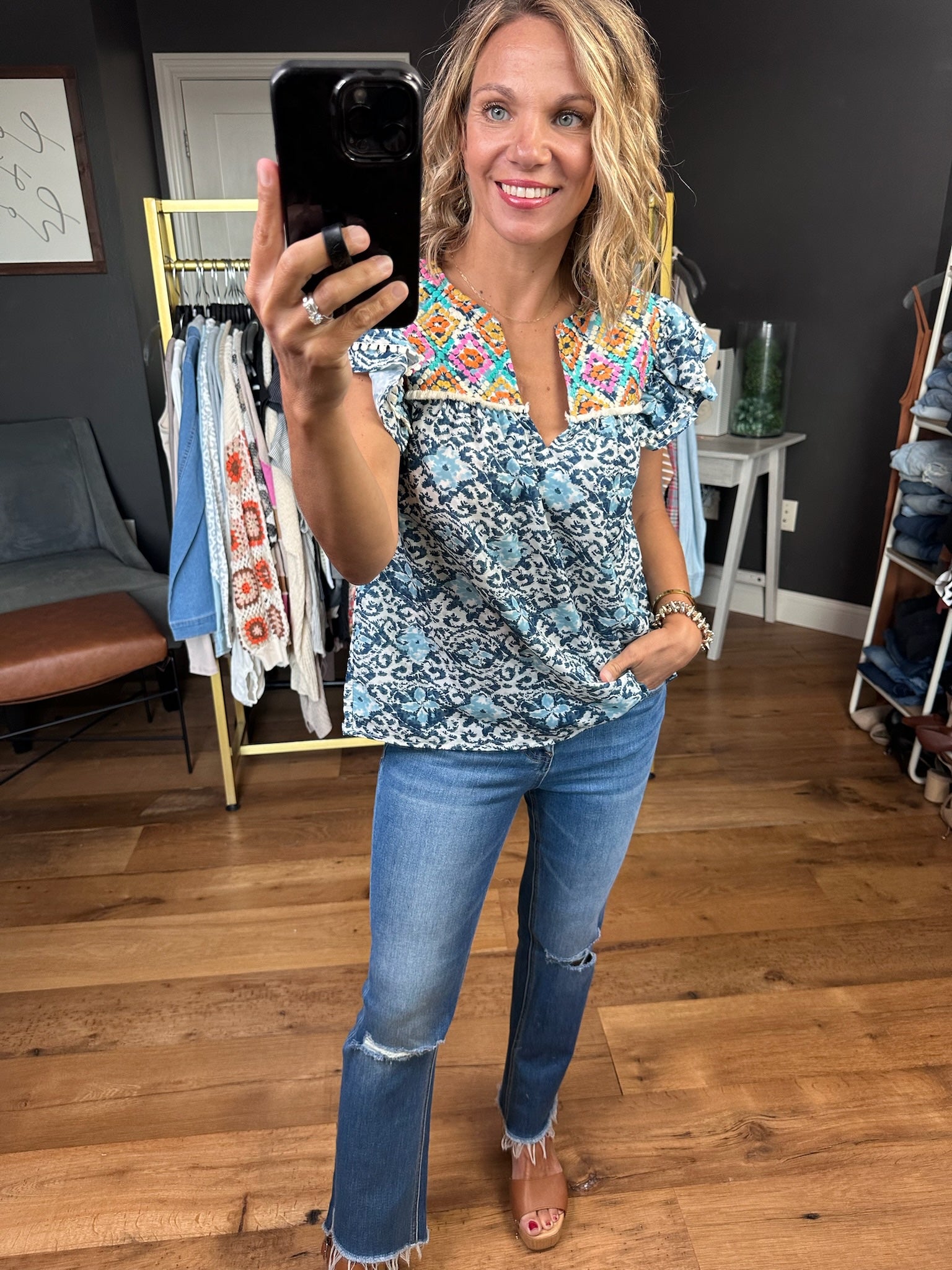 **Taking Advantage Contrasting Patterned Top - Blue Multi-THML-Anna Kaytes Boutique, Women's Fashion Boutique in Grinnell, Iowa