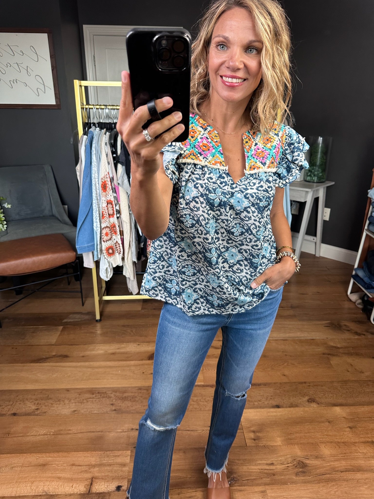 **Taking Advantage Contrasting Patterned Top - Blue Multi-THML-Anna Kaytes Boutique, Women's Fashion Boutique in Grinnell, Iowa