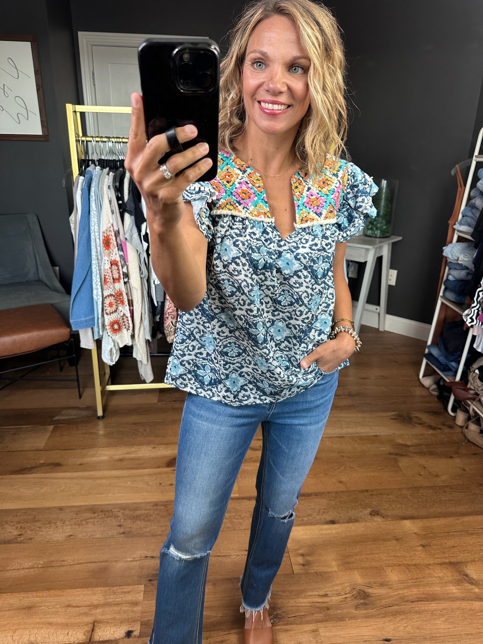 **Taking Advantage Contrasting Patterned Top - Blue Multi-THML-Anna Kaytes Boutique, Women's Fashion Boutique in Grinnell, Iowa