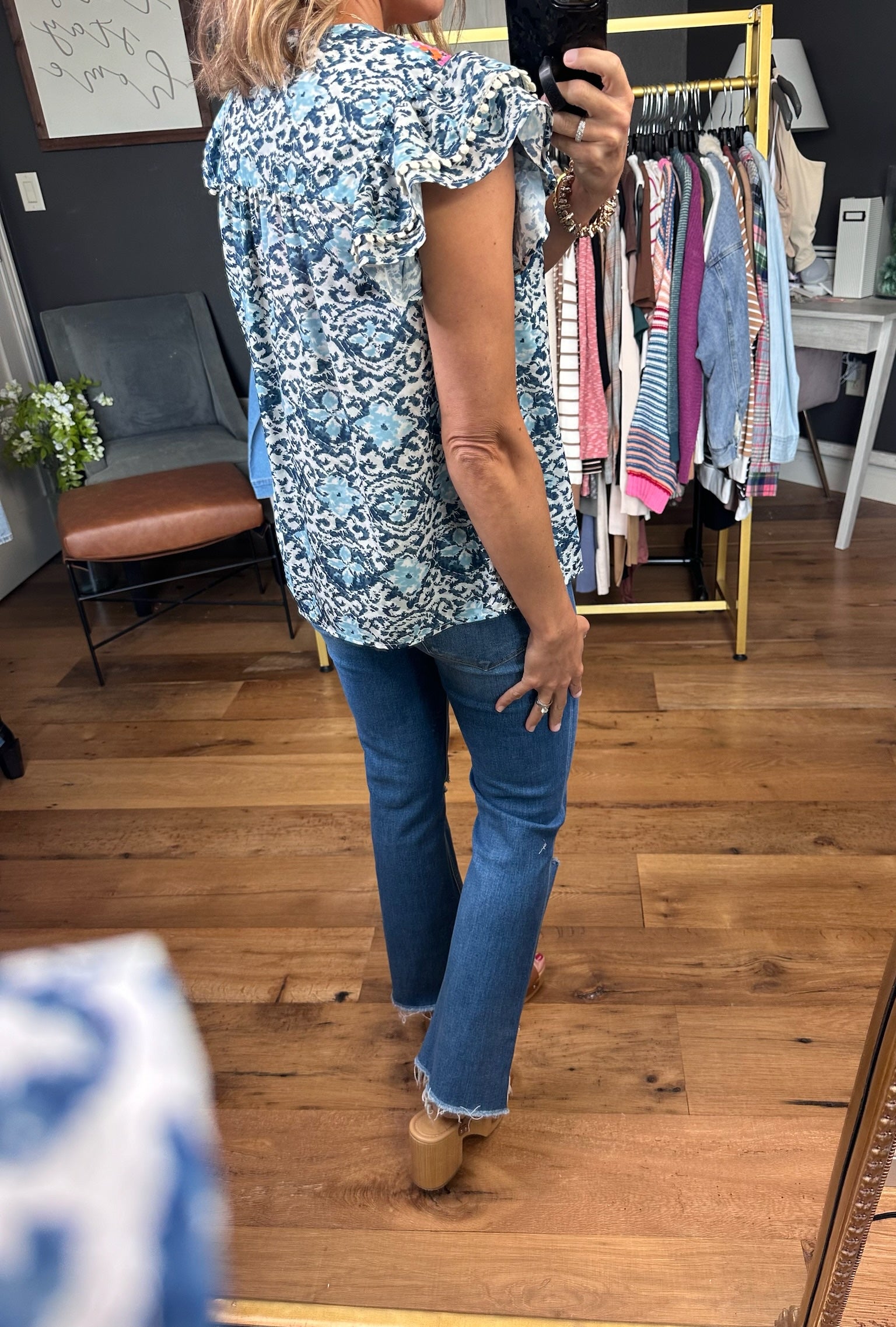 **Taking Advantage Contrasting Patterned Top - Blue Multi-THML-Anna Kaytes Boutique, Women's Fashion Boutique in Grinnell, Iowa