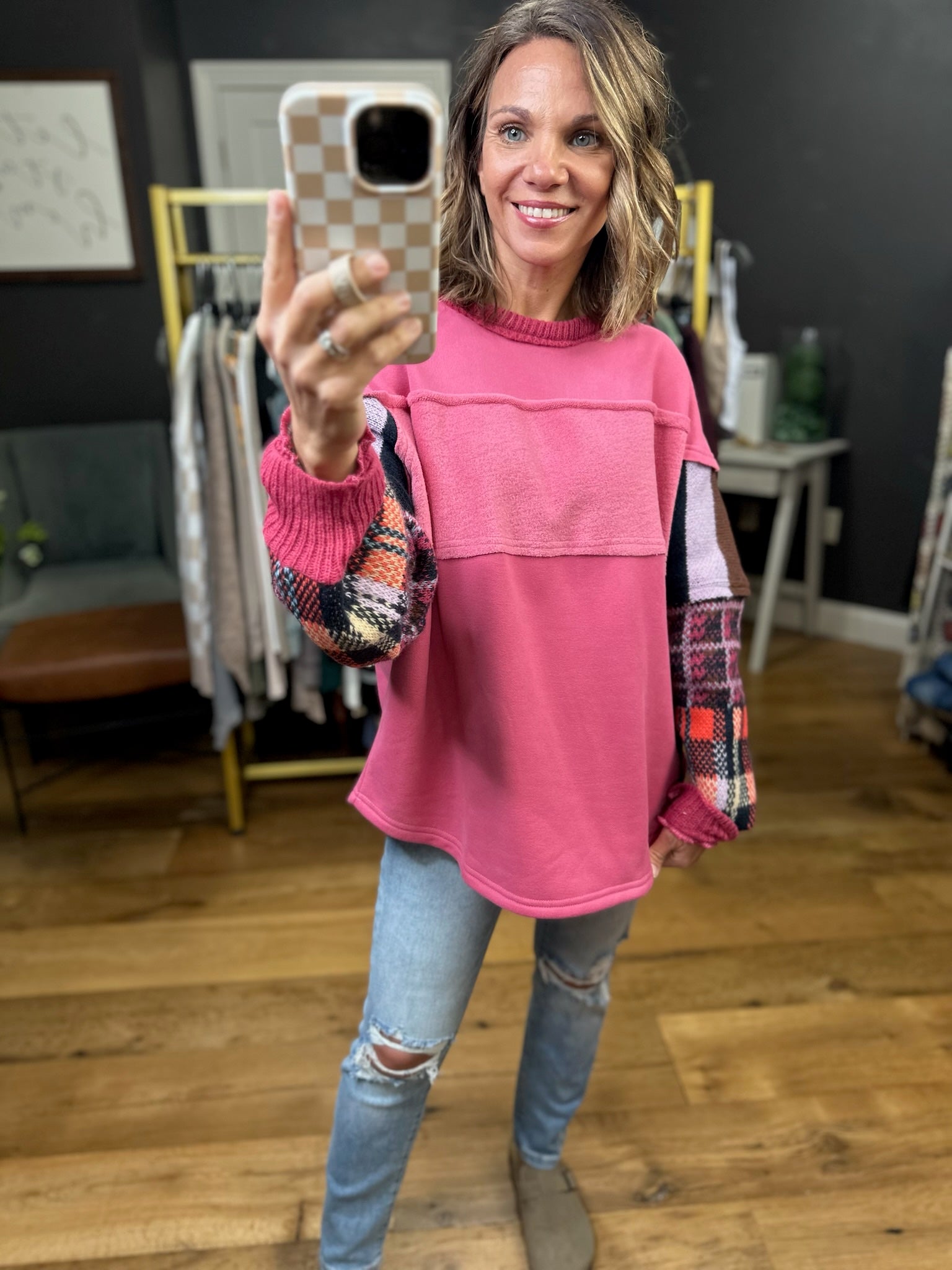 Tell The Difference Plaid Contrasting Oversized Crew - Dusty Rose-Easel-Anna Kaytes Boutique, Women's Fashion Boutique in Grinnell, Iowa