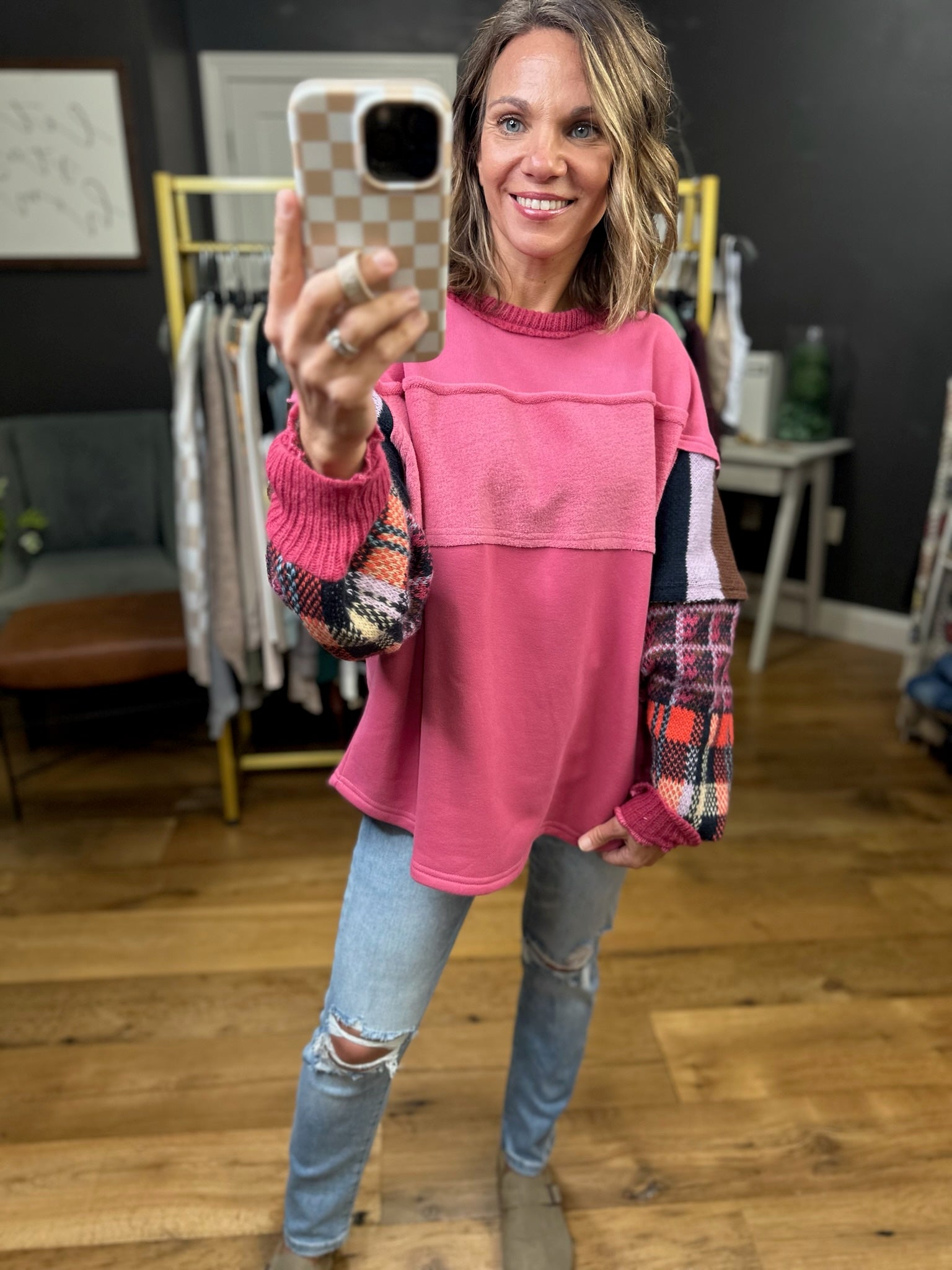 Tell The Difference Plaid Contrasting Oversized Crew - Dusty Rose-Easel-Anna Kaytes Boutique, Women's Fashion Boutique in Grinnell, Iowa