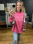 Tell The Difference Plaid Contrasting Oversized Crew - Dusty Rose-Easel-Anna Kaytes Boutique, Women's Fashion Boutique in Grinnell, Iowa