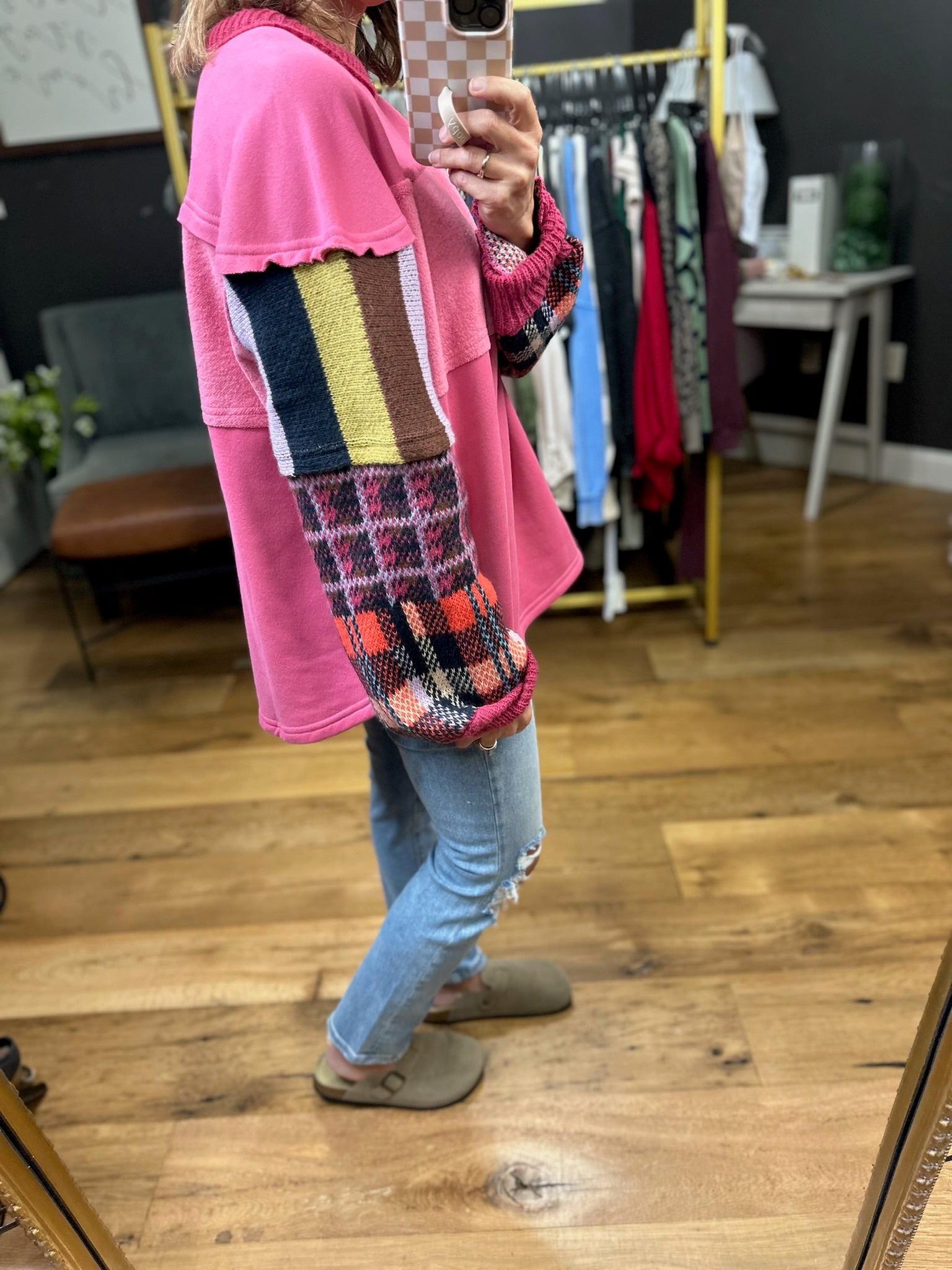 Tell The Difference Plaid Contrasting Oversized Crew - Dusty Rose-Easel-Anna Kaytes Boutique, Women's Fashion Boutique in Grinnell, Iowa