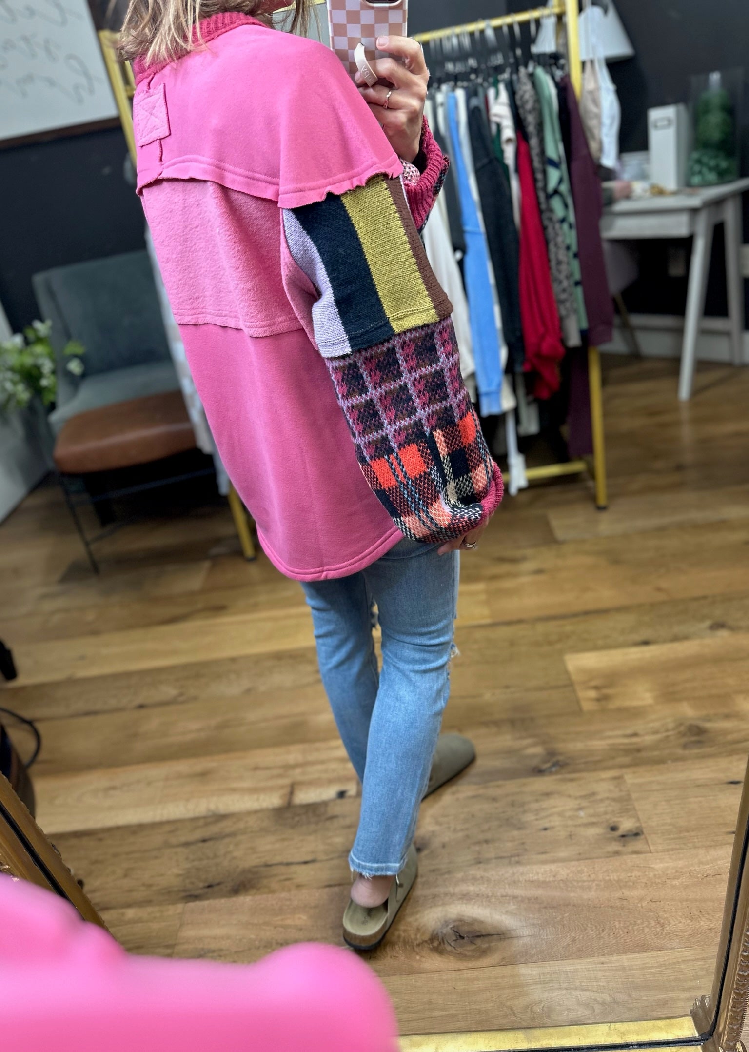 Tell The Difference Plaid Contrasting Oversized Crew - Dusty Rose-Easel-Anna Kaytes Boutique, Women's Fashion Boutique in Grinnell, Iowa