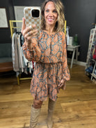 All I Could Want Paisley Printed Dress With Statement Sleeve Detail - Rust/Grey-Entro-Anna Kaytes Boutique, Women's Fashion Boutique in Grinnell, Iowa