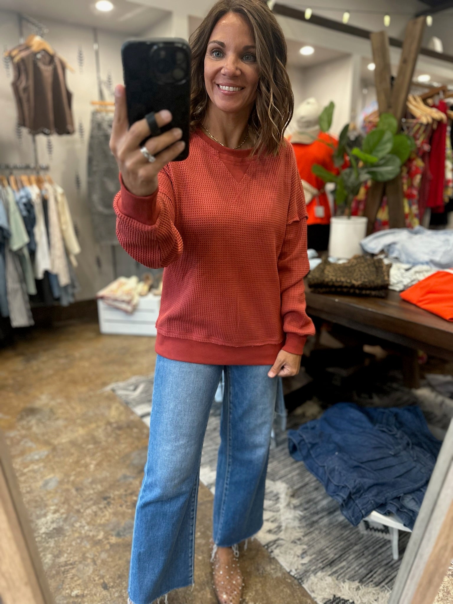 In A Fall State Waffle Long-Sleeve-Long Sleeves-Staccato-Anna Kaytes Boutique, Women's Fashion Boutique in Grinnell, Iowa