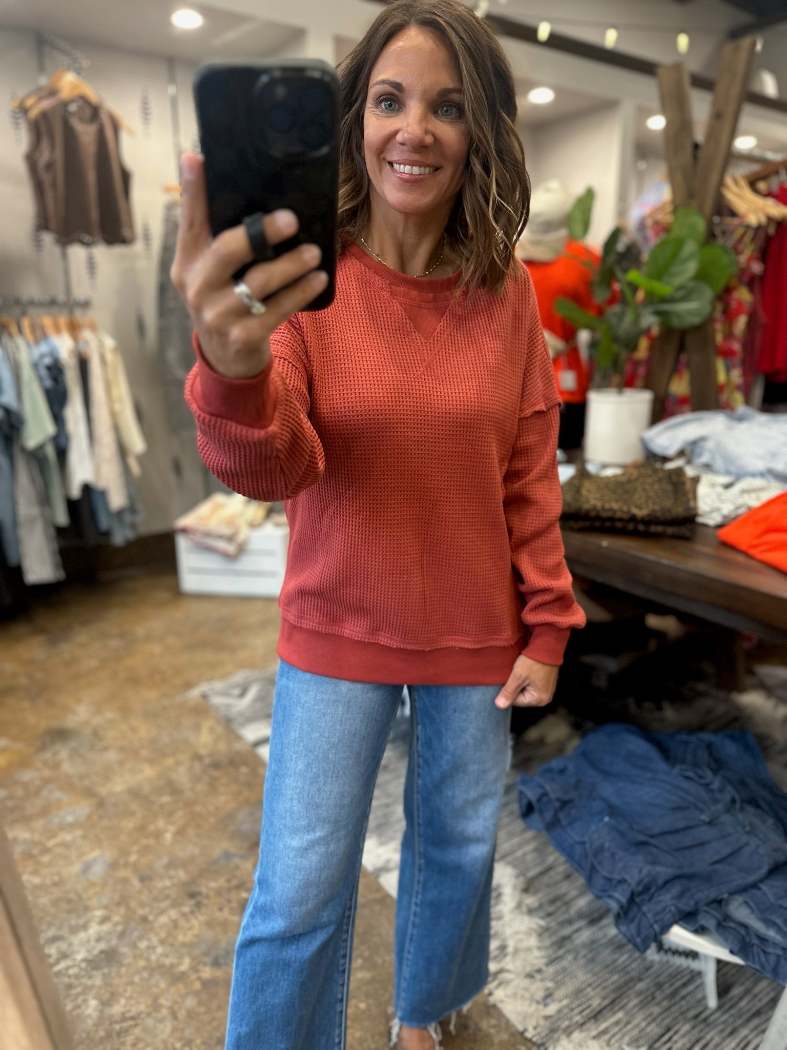 In A Fall State Waffle Long-Sleeve-Long Sleeves-Staccato-Anna Kaytes Boutique, Women's Fashion Boutique in Grinnell, Iowa