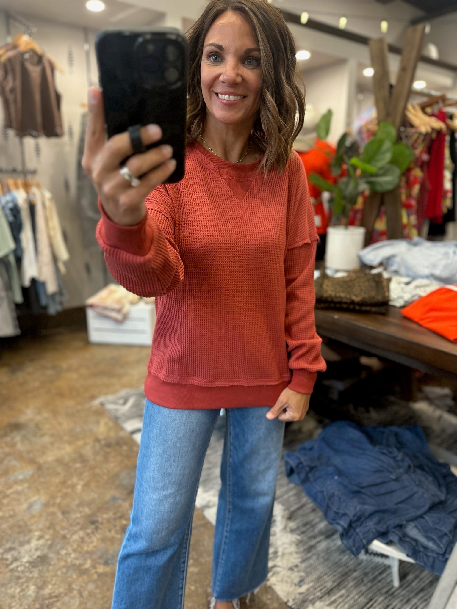In A Fall State Waffle Long-Sleeve-Long Sleeves-Staccato-Anna Kaytes Boutique, Women's Fashion Boutique in Grinnell, Iowa