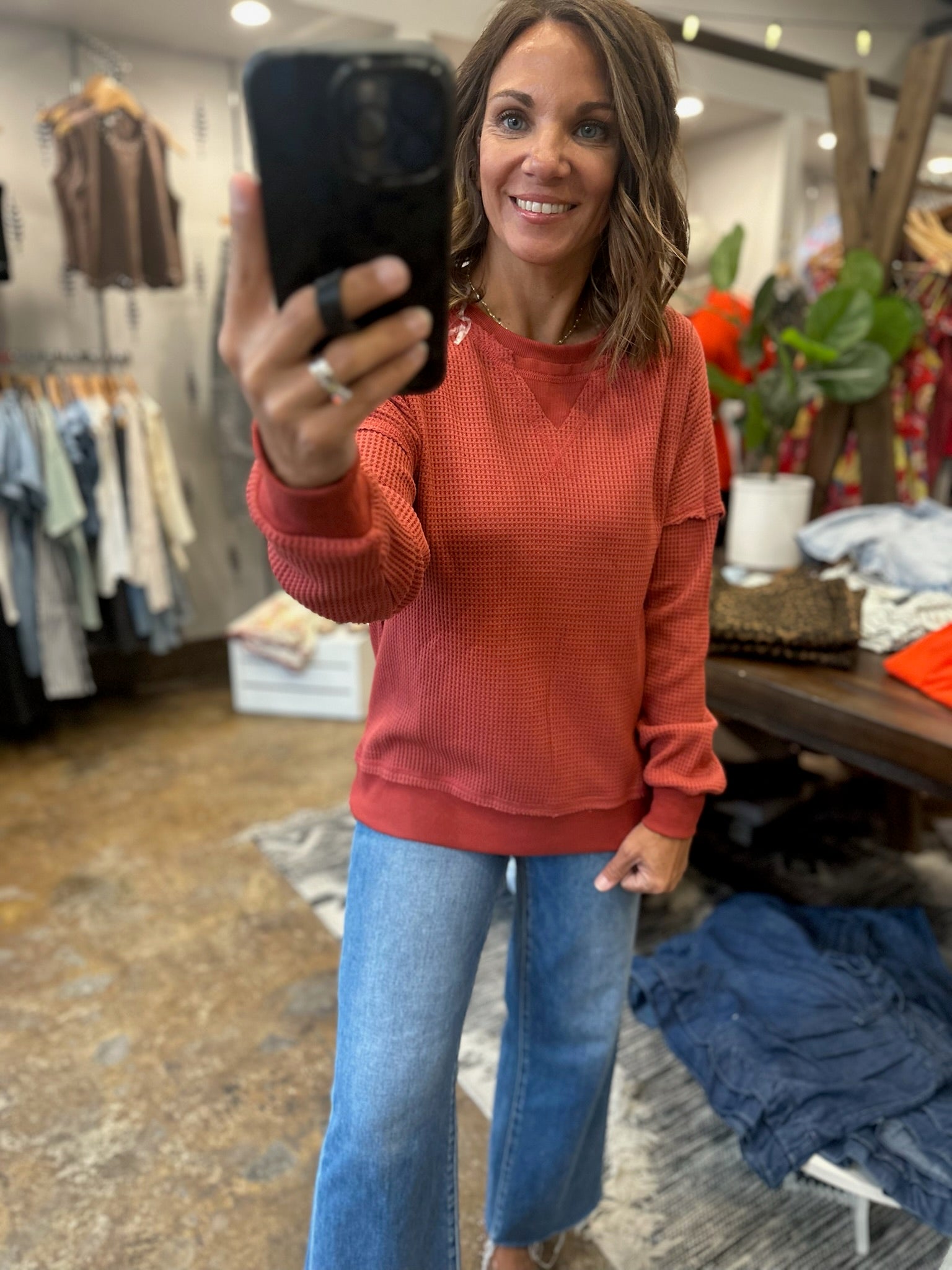 In A Fall State Waffle Long-Sleeve-Long Sleeves-Staccato-Anna Kaytes Boutique, Women's Fashion Boutique in Grinnell, Iowa