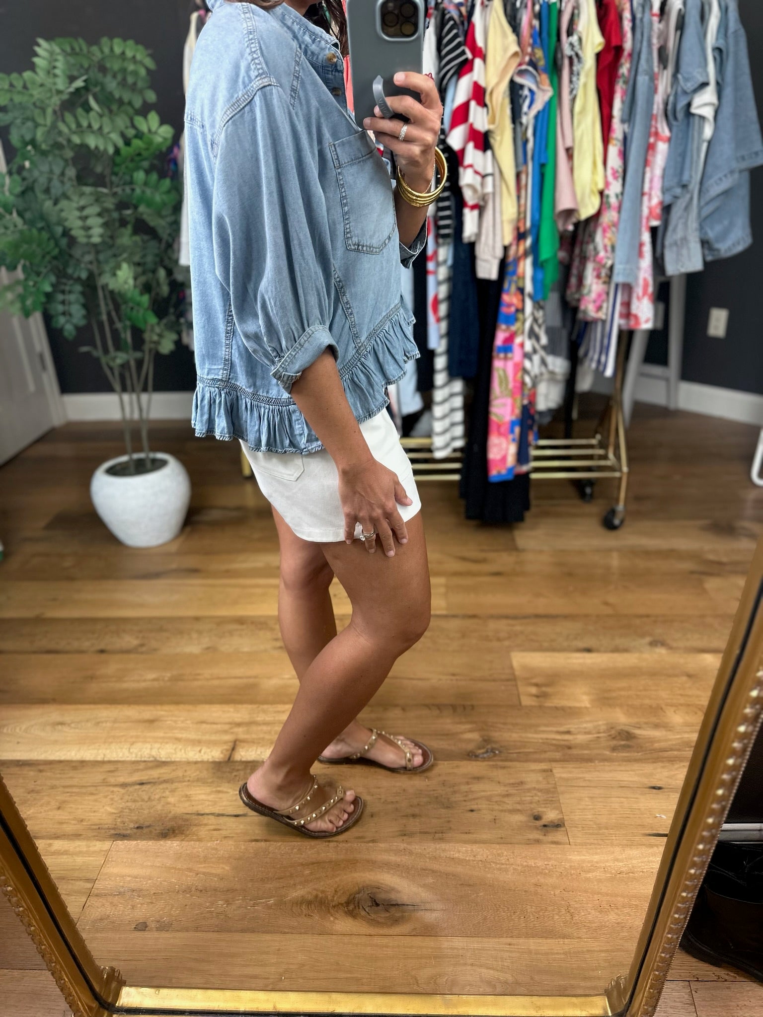 Take Me There Button-Down Denim Peplum Top-Short Sleeves-Eesome-Anna Kaytes Boutique, Women's Fashion Boutique in Grinnell, Iowa