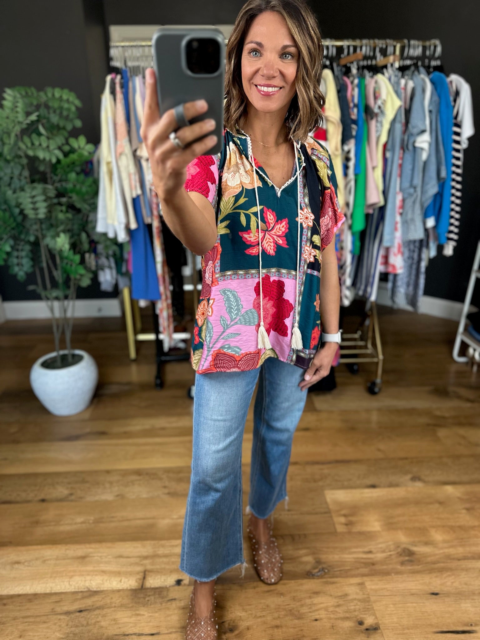 Happy Feelings Floral Crochet-Trim Top-Short Sleeves-Umgee-Anna Kaytes Boutique, Women's Fashion Boutique in Grinnell, Iowa