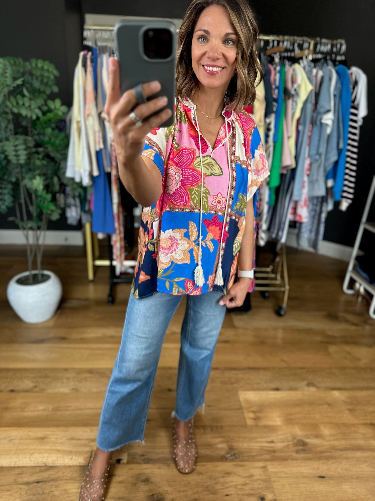 Happy Feelings Floral Crochet-Trim Top-Short Sleeves-Umgee-Anna Kaytes Boutique, Women's Fashion Boutique in Grinnell, Iowa