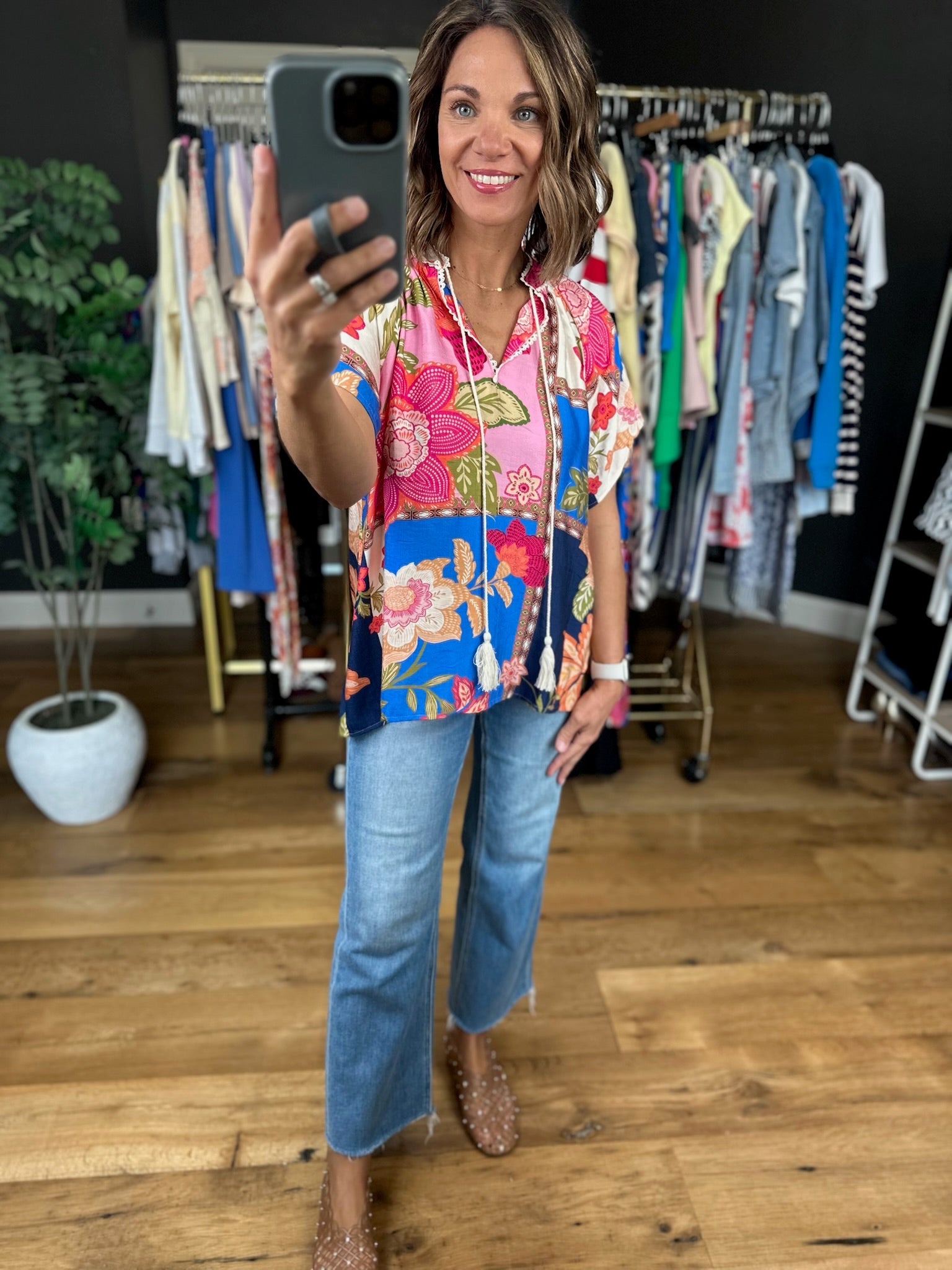 Happy Feelings Floral Crochet-Trim Top-Short Sleeves-Umgee-Anna Kaytes Boutique, Women's Fashion Boutique in Grinnell, Iowa