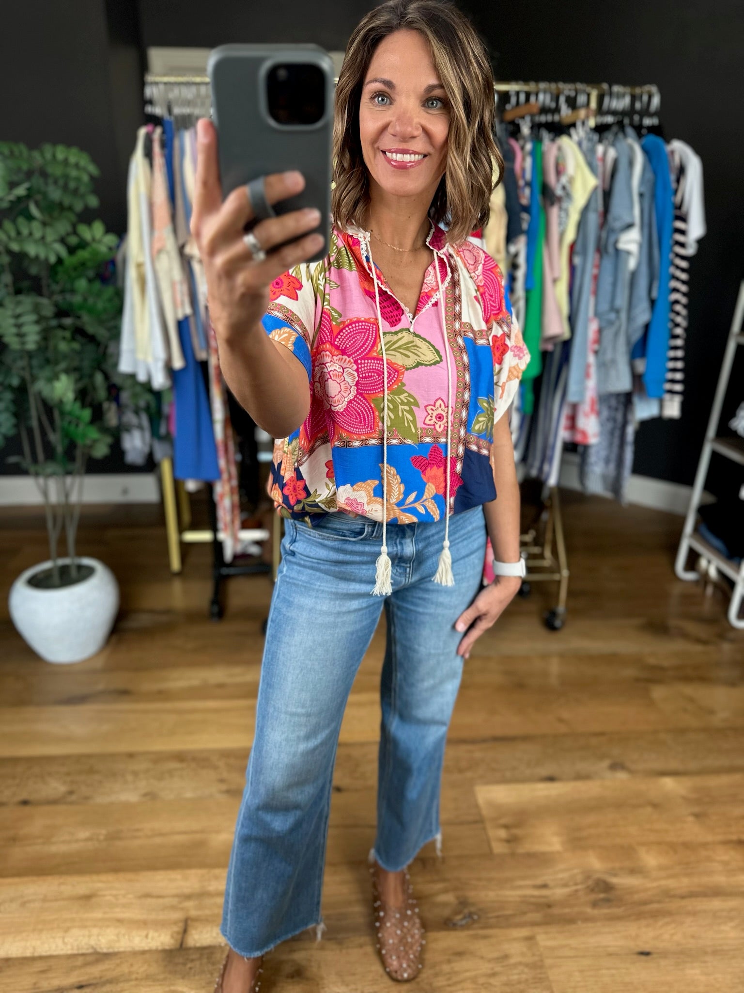 Happy Feelings Floral Crochet-Trim Top-Short Sleeves-Umgee-Anna Kaytes Boutique, Women's Fashion Boutique in Grinnell, Iowa