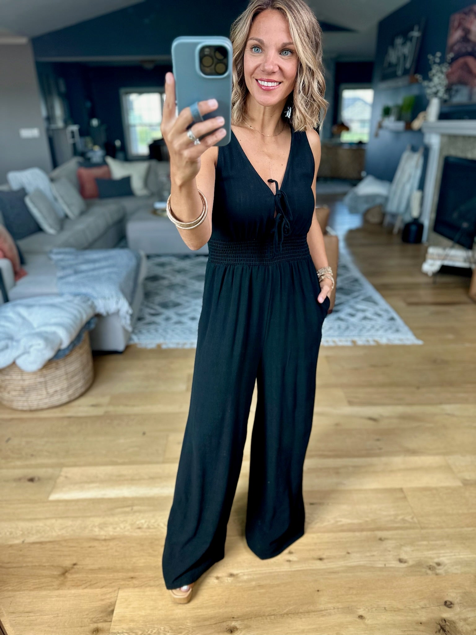 Misunderstood Tie V-Neck Jumpsuit-Wasabi & Mint-Anna Kaytes Boutique, Women's Fashion Boutique in Grinnell, Iowa