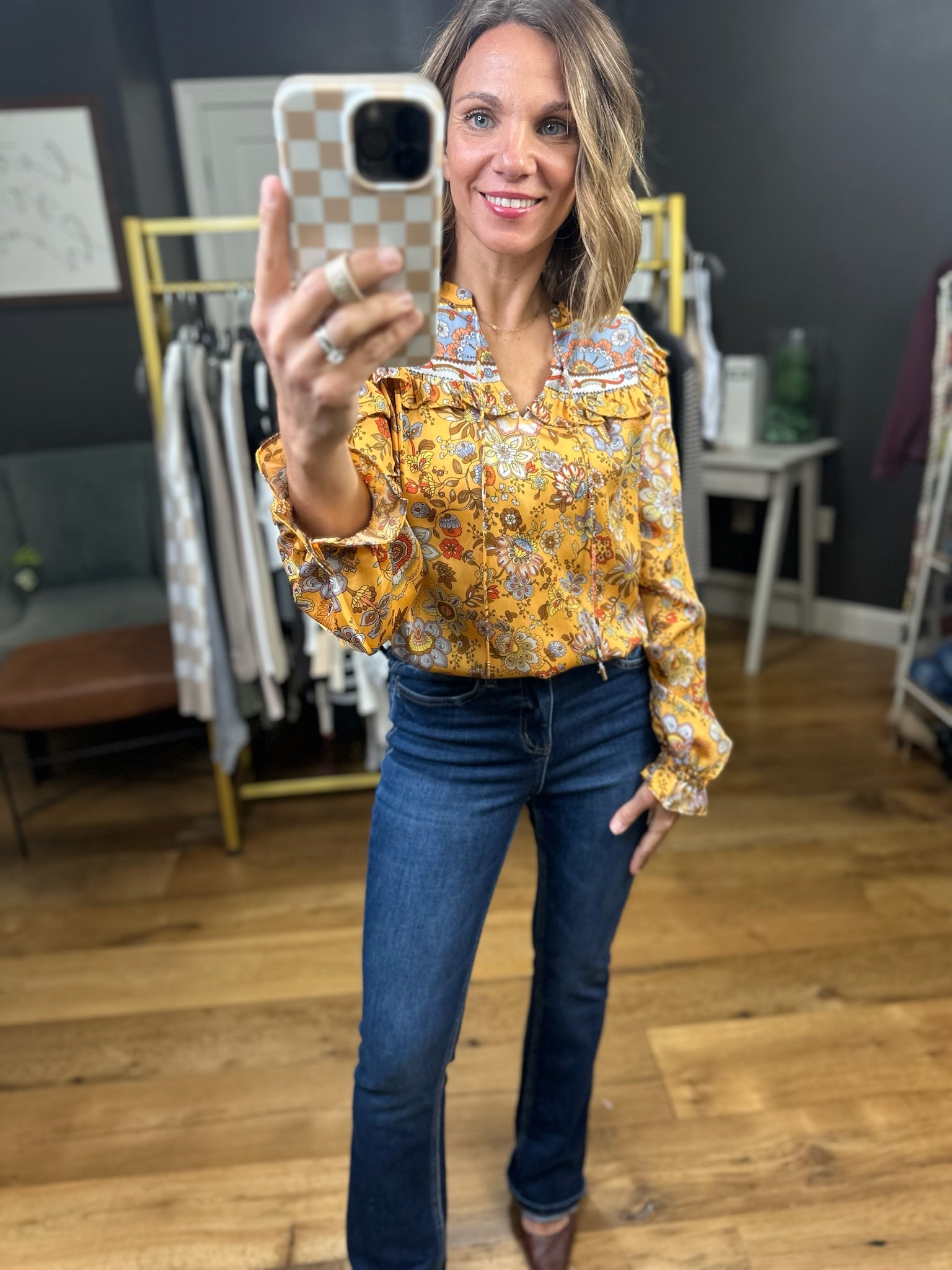 Tomorrow's News Floral Top - Mustard-Skies Are Blue-Anna Kaytes Boutique, Women's Fashion Boutique in Grinnell, Iowa