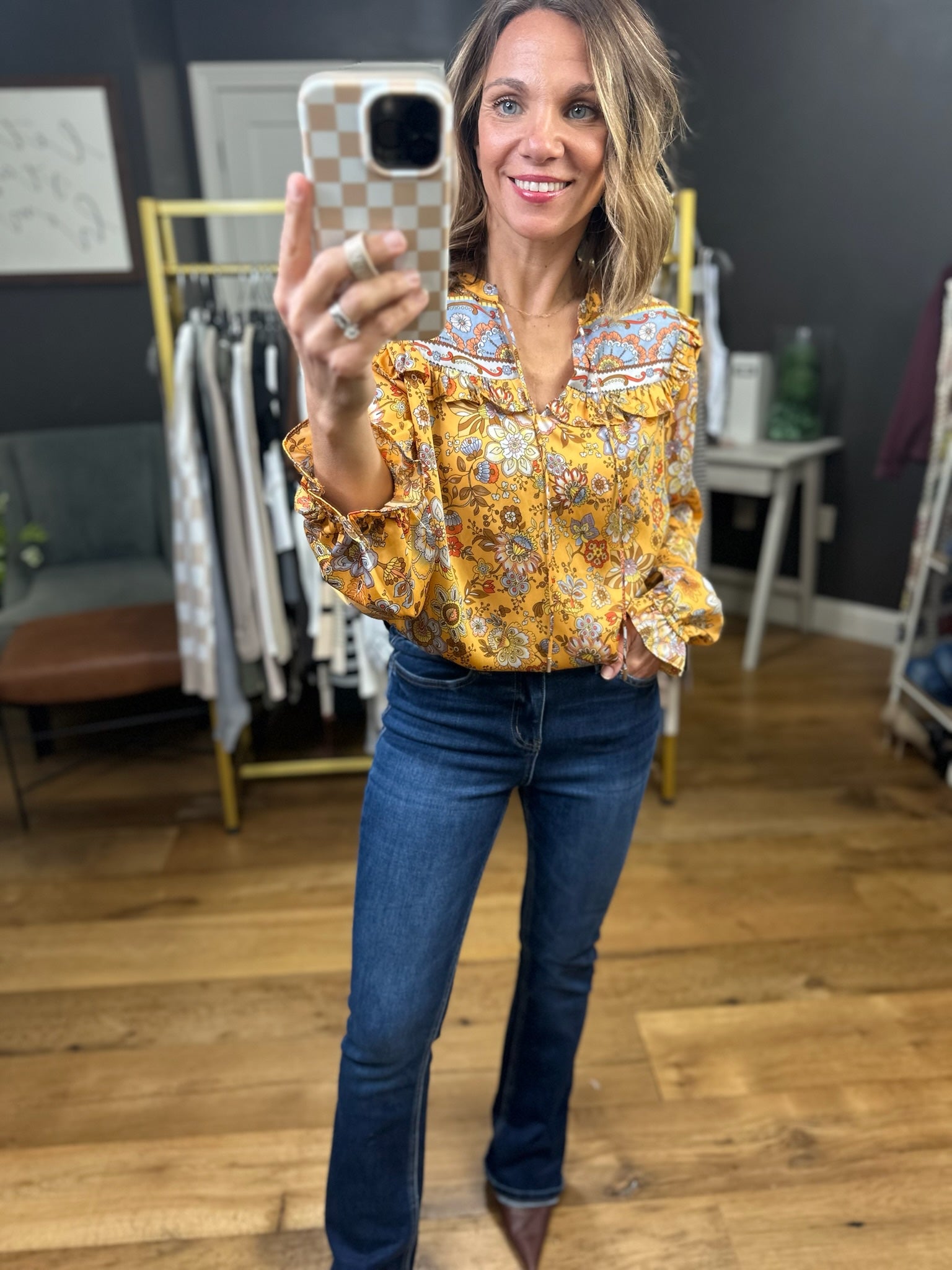 Tomorrow's News Floral Top - Mustard-Skies Are Blue-Anna Kaytes Boutique, Women's Fashion Boutique in Grinnell, Iowa