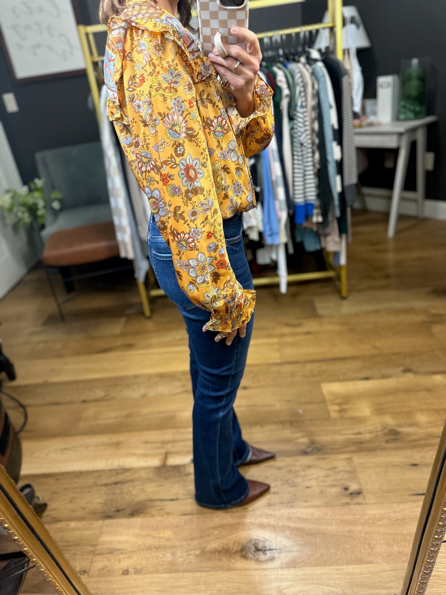 Tomorrow's News Floral Top - Mustard-Skies Are Blue-Anna Kaytes Boutique, Women's Fashion Boutique in Grinnell, Iowa