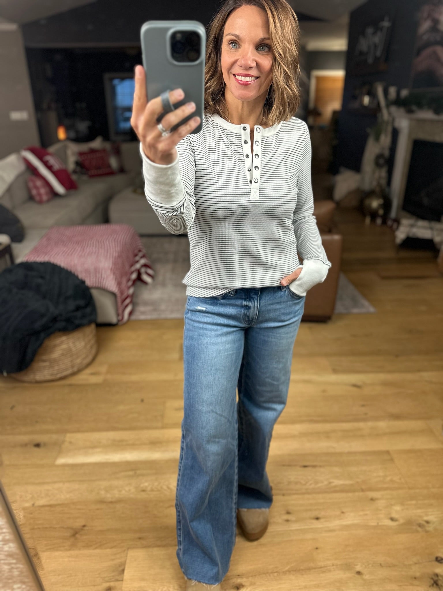 Always About It Ribbed Striped Snap-Detail Long Sleeve-Long Sleeves-Doe & Rae-Anna Kaytes Boutique, Women's Fashion Boutique in Grinnell, Iowa