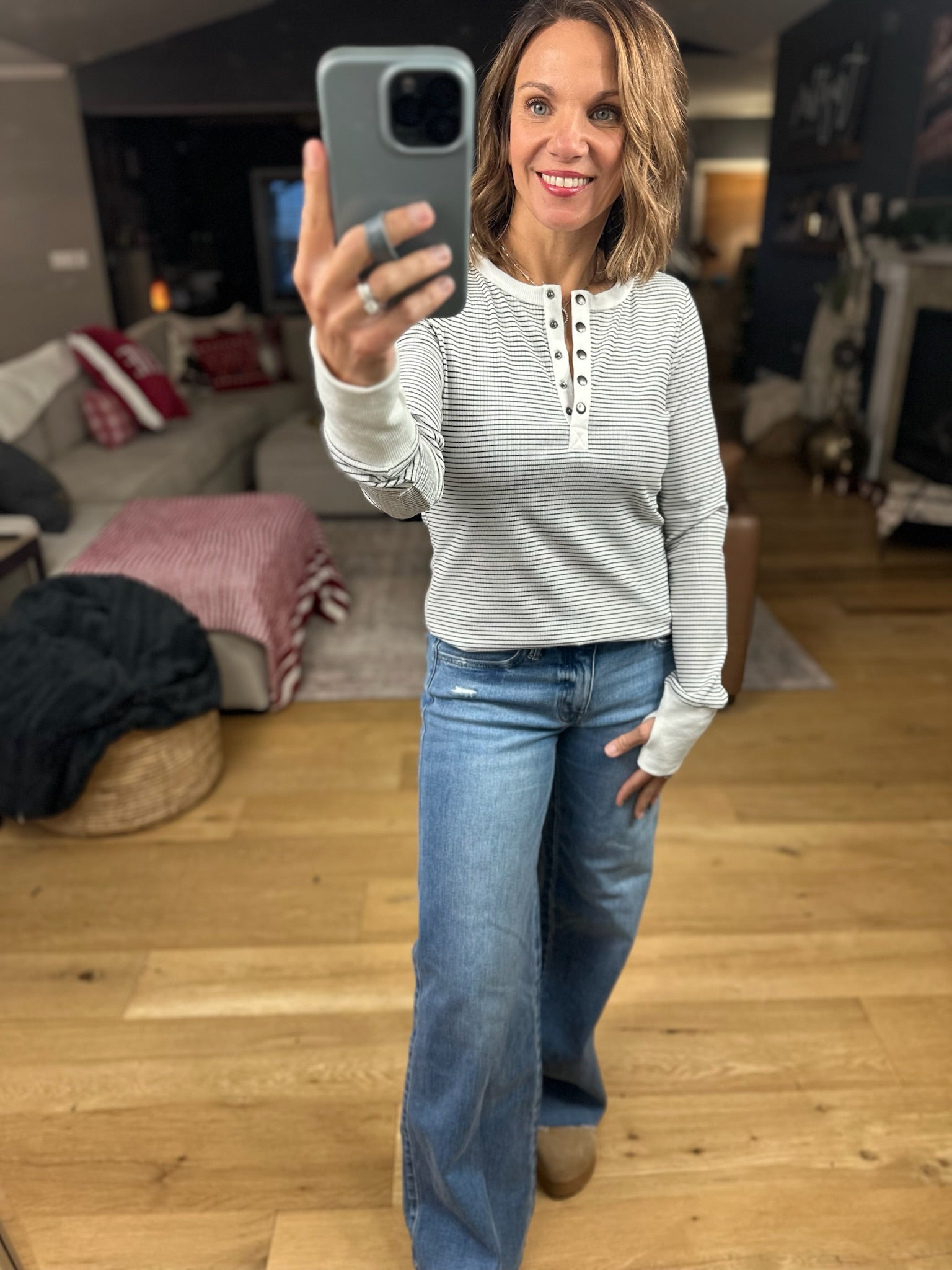 Always About It Ribbed Striped Snap-Detail Long Sleeve-Long Sleeves-Doe & Rae-Anna Kaytes Boutique, Women's Fashion Boutique in Grinnell, Iowa