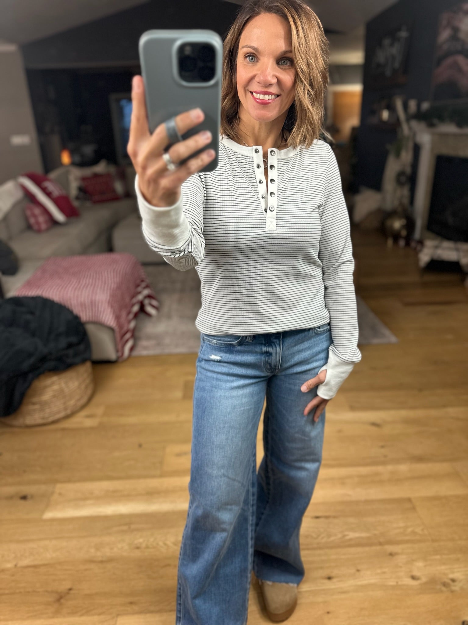 Always About It Ribbed Striped Snap-Detail Long Sleeve-Long Sleeves-Doe & Rae-Anna Kaytes Boutique, Women's Fashion Boutique in Grinnell, Iowa