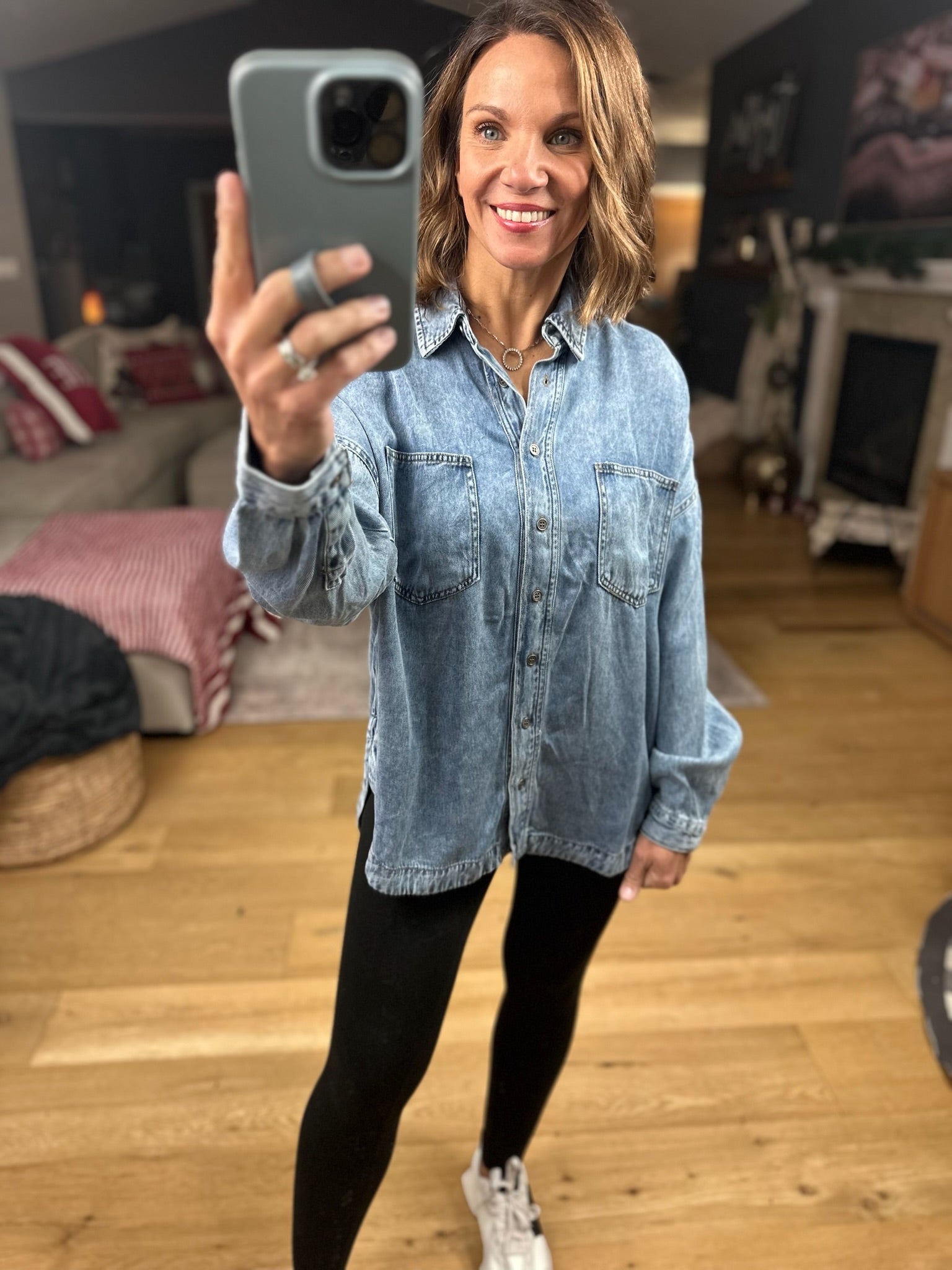 Best Around Chambray Button-Down-Long Sleeves-Blu Pepper-Anna Kaytes Boutique, Women's Fashion Boutique in Grinnell, Iowa