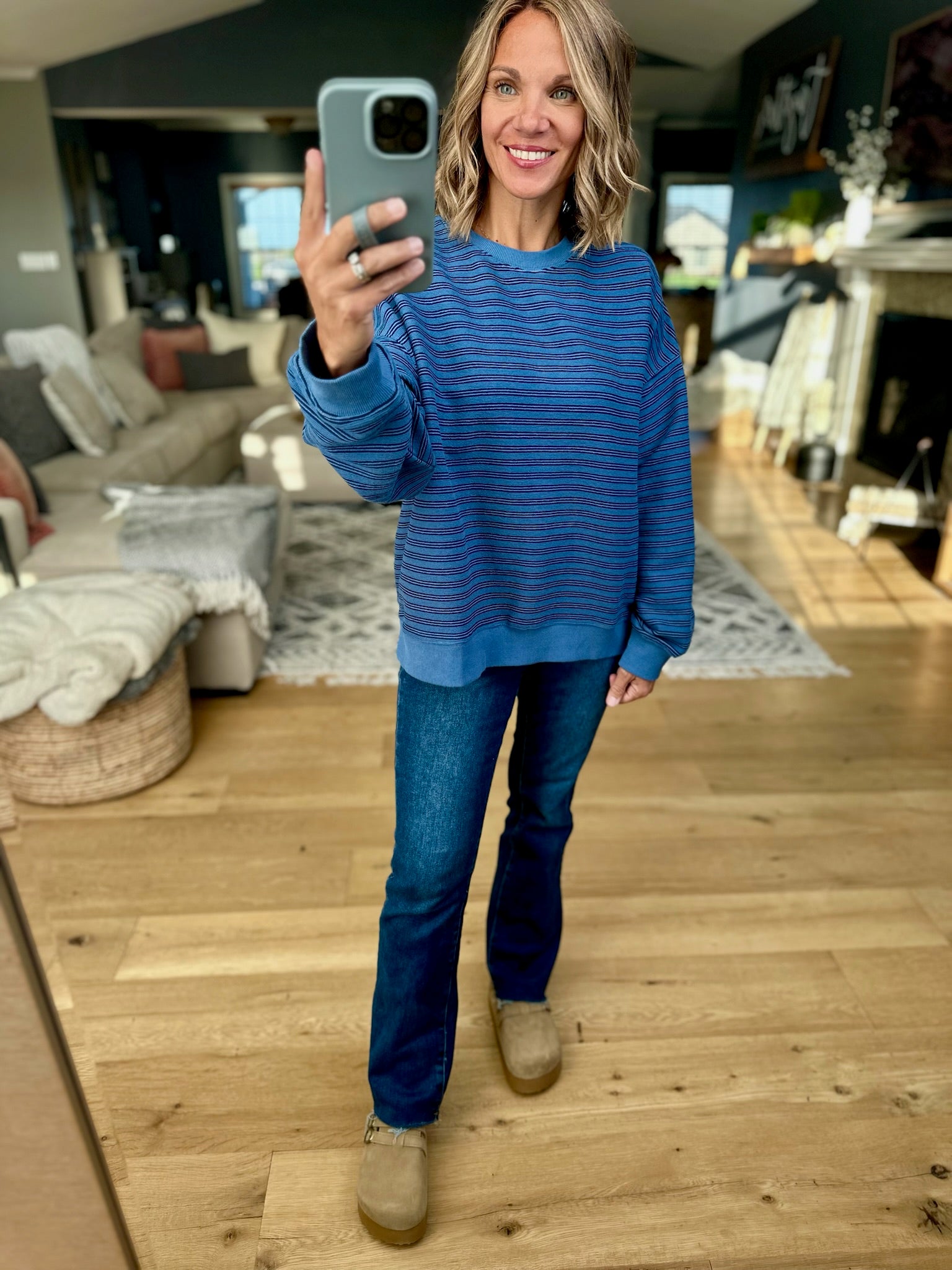 Home In The Fall Striped Crewneck-Sweaters-Wishlist-Anna Kaytes Boutique, Women's Fashion Boutique in Grinnell, Iowa